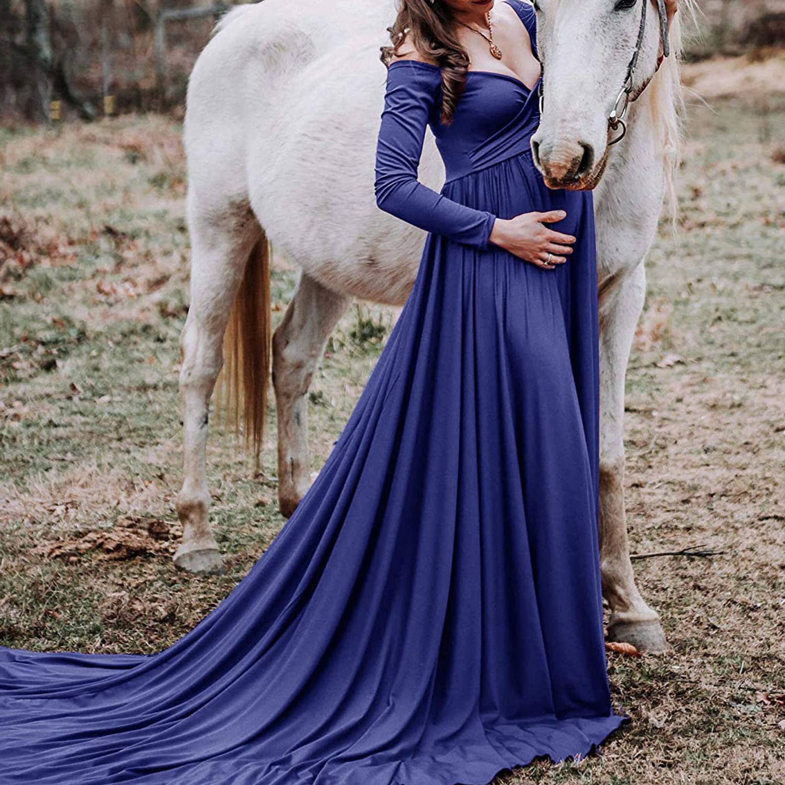 Nidddiv Ropa de maternidad invierno elegante mujer maternidad hombros descubiertos de manga larga fotografía vestido de embarazada vestido de princesa sólido vestido de fotos accesorios vestido camisa