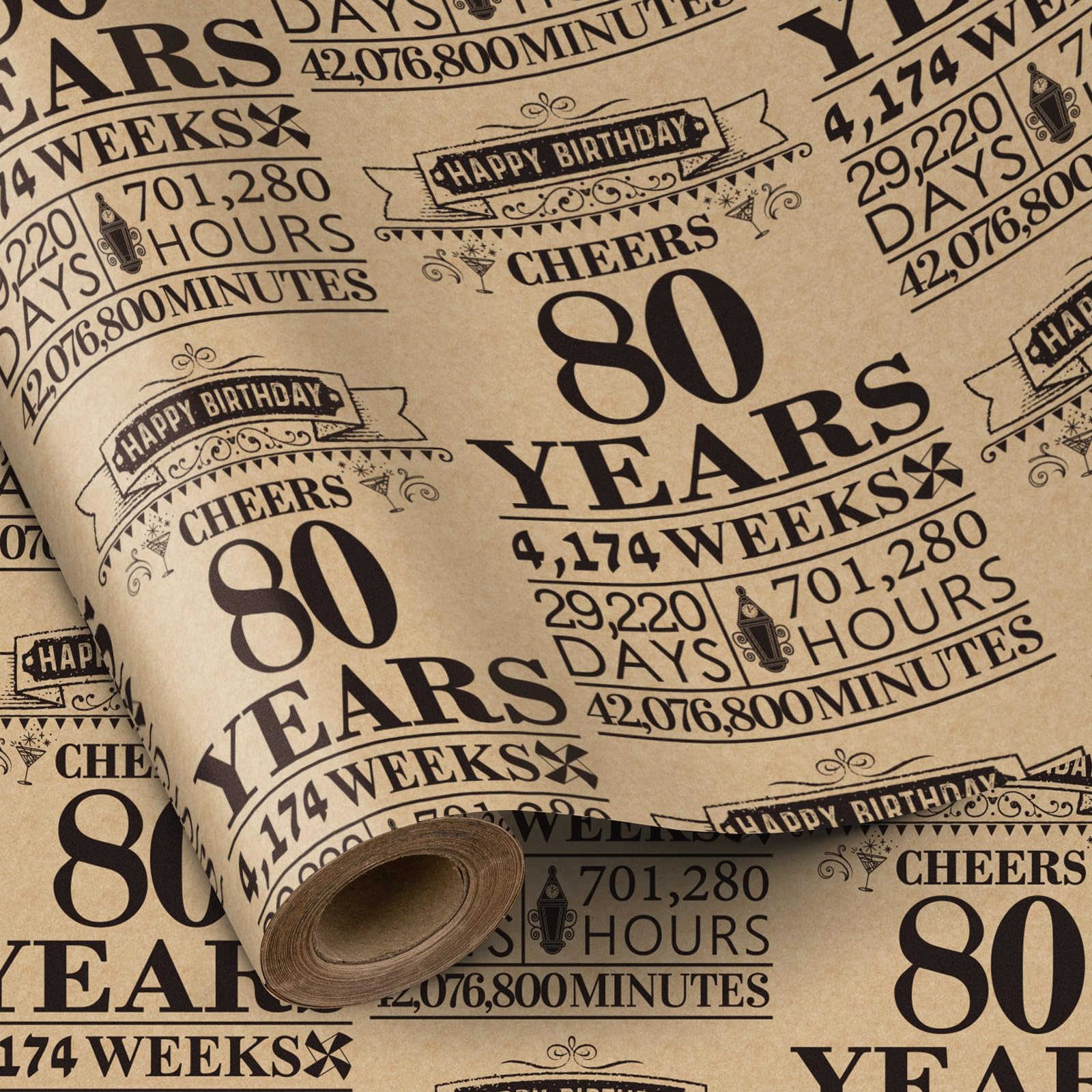 RUSPEPA Birthday Wrapping Paper Roll, Mini Roll, Black 80Years Design Kraft Gift Wrap Paper Great for Birthday, Party, Holiday, 17 inches x 16.4 feet,
