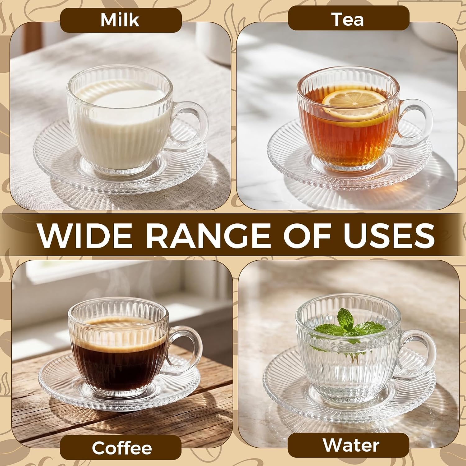 6 Sets of Glass Tea Cups with Saucers Vintage Coffee Mugs 2.8 oz Clear Espresso Cup with Handle Embossed Glassware for Hot Cold Beverages Americano Cappuccino Latte Tea