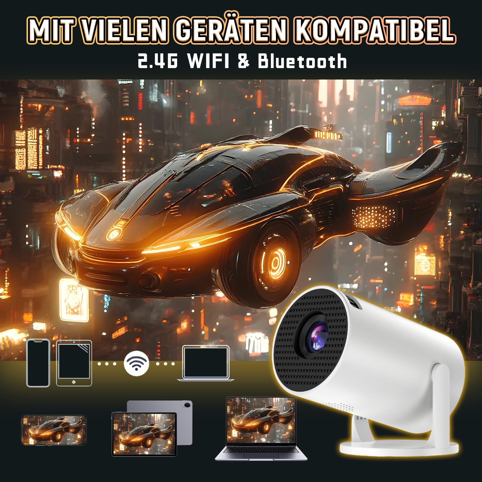 Mini Proyector V4 para Dormitorio/Exteriores,Proyector Inteligente c/WiFi 2.4 GHz+D3100,Proyectors Portátil+HD-IN,480×360p,60 Lúmenes,Compatible c/Smartphones/TV(Blanco) (Wired)