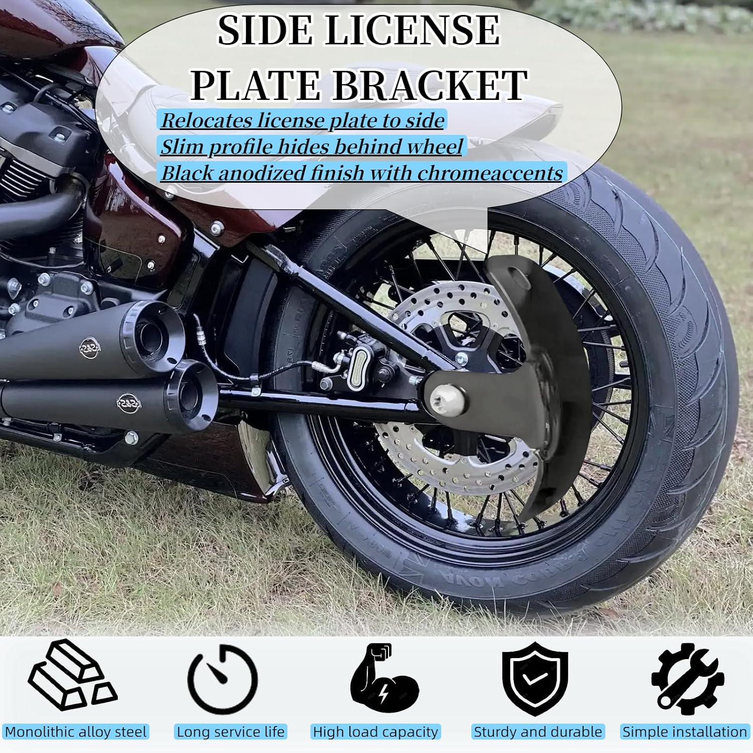Curved Side Mount License Plate Bracket, 1/2" Shock Mount Vertical Plate Holder Compatible with 1993-2026 Harley Davidson Sportster Iron 883 1200, Forty-Eight, Seventy-Two, Nightster, Black