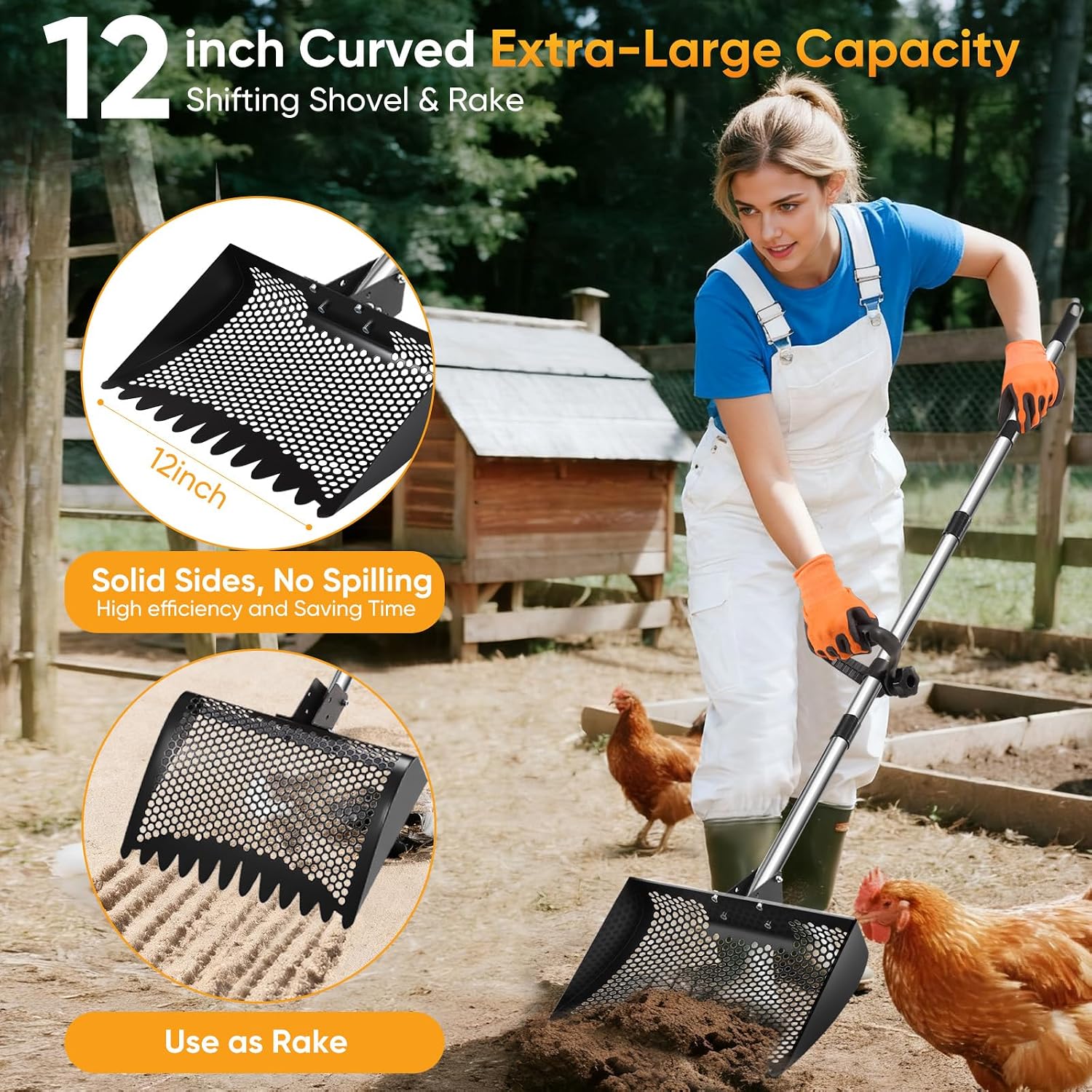 12inch Chicken Poop Scooper & Rake 2-in-1 with Adjustable Handle