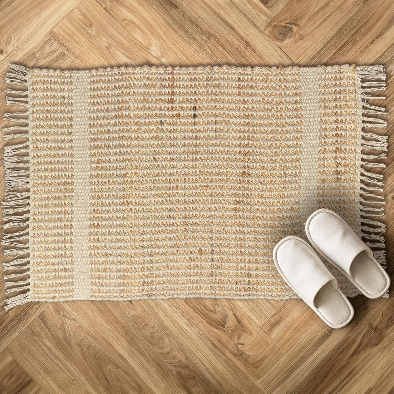 Chardin home 2x3 Jute Cotton Hand Woven Rug with Knotted Fringes, Braided Boucle Doormat, Boho, Rustic, Natural Jute/Sand, Farmhouse Vintage Area Rugs for Bedroom, Living Room, Kitchen, and entryways