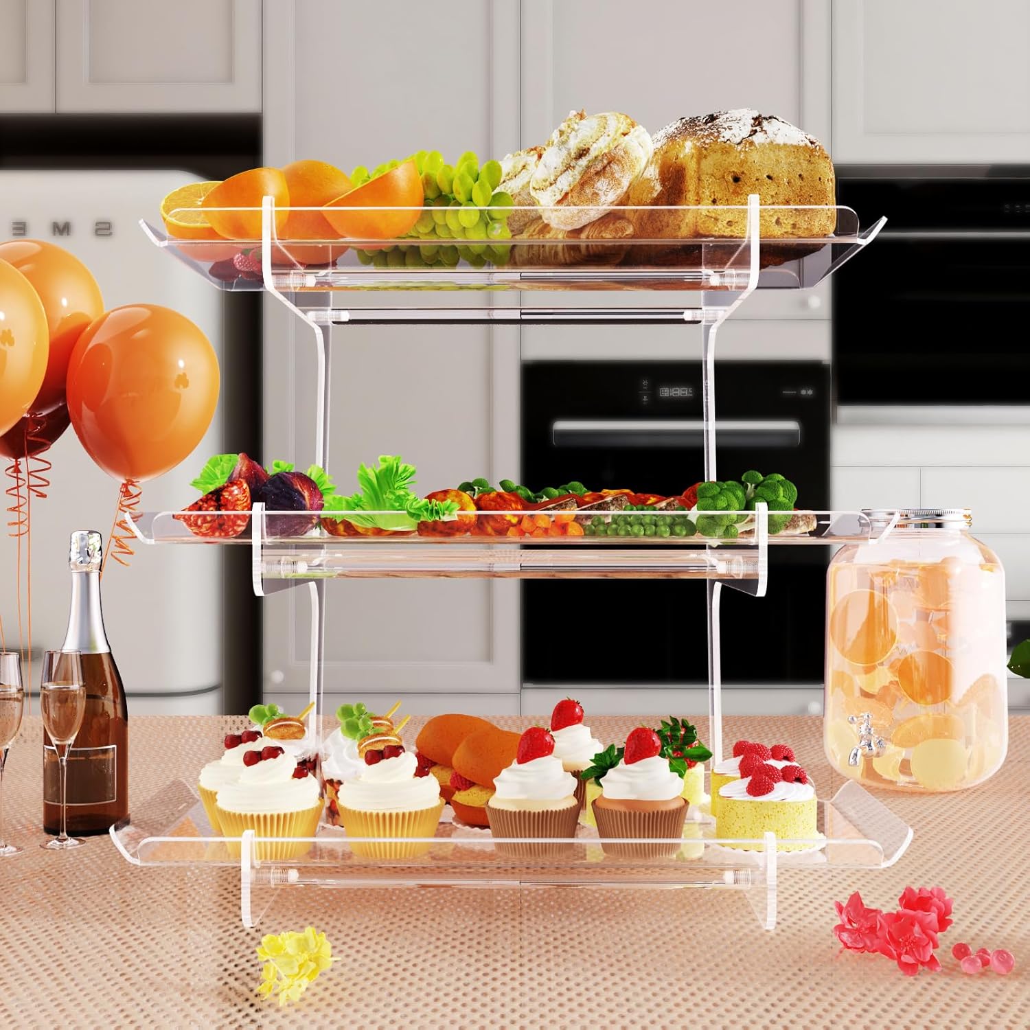 Bakzon 3 Tier Acrylic Serving Tray, 15.3" x 7.1" Dessert Table Display Set Stand for Party, Desserts, Fruits, Cookies – Reusable Collapsible Tiered Platters for Cupcakes, Veggies, and Sweet Treats