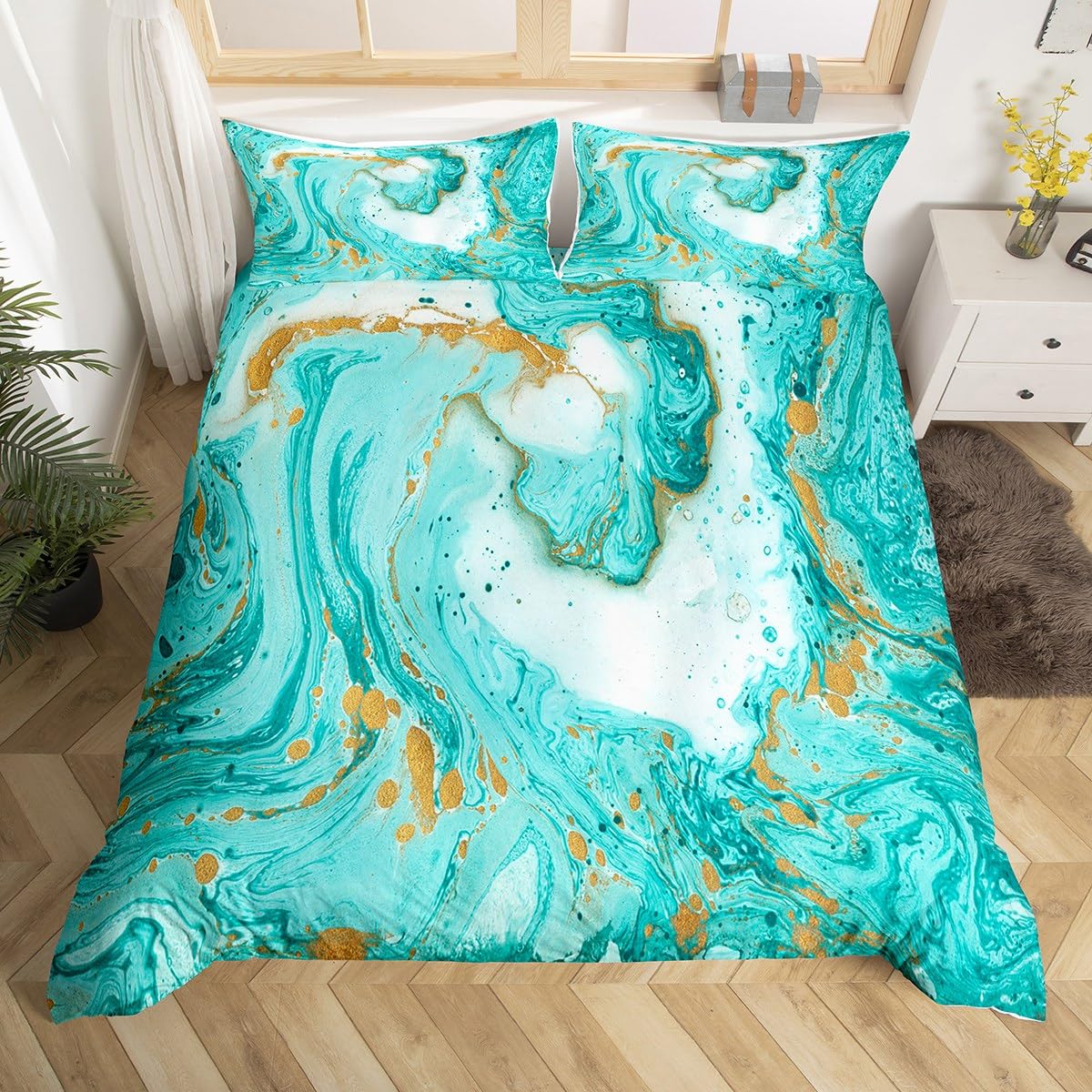 Teal Marble Duvet Cover for Kids Boys Girls,Glitter Golden Marble Texture Bedding Set,Watercolor Tie Dyed Comforter Cover,Fluid Ink Art Bed Sets with 2 Pillow Shams Bedroom Decor,King