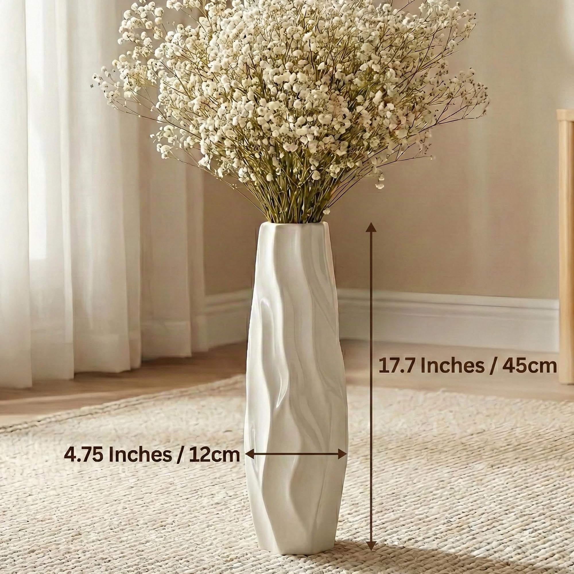 Weiße Bodenvase aus Keramik, 45 cm Groß, Minimalistische Dekovase für Blumen, Pampasgras, Für Wohnzimmer, Büro und Schlafzimmer