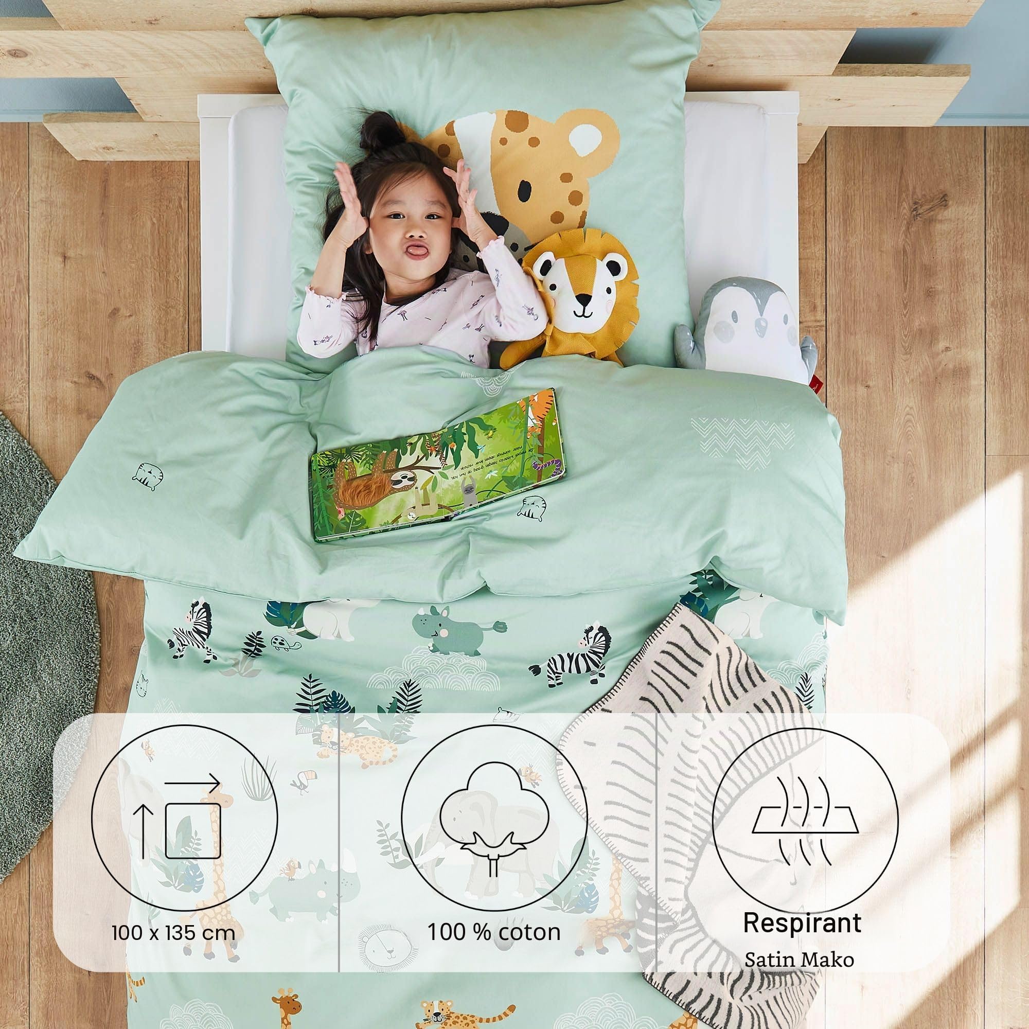 s.Oliver Parure de lit pour enfant - Motif animaux - 100 x 135 cm - 100 % coton - Fermeture éclair pratique et lavable en machine - 2 pièces - Motif animaux du zoo - Vert clair