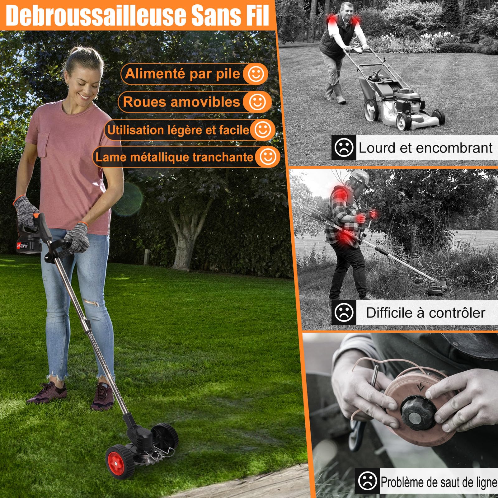 Débroussailleuse Électrique sans Fil 21V avec Batterie et 4 Lames, Coupe-Bordure pour Jardin et Pelouse