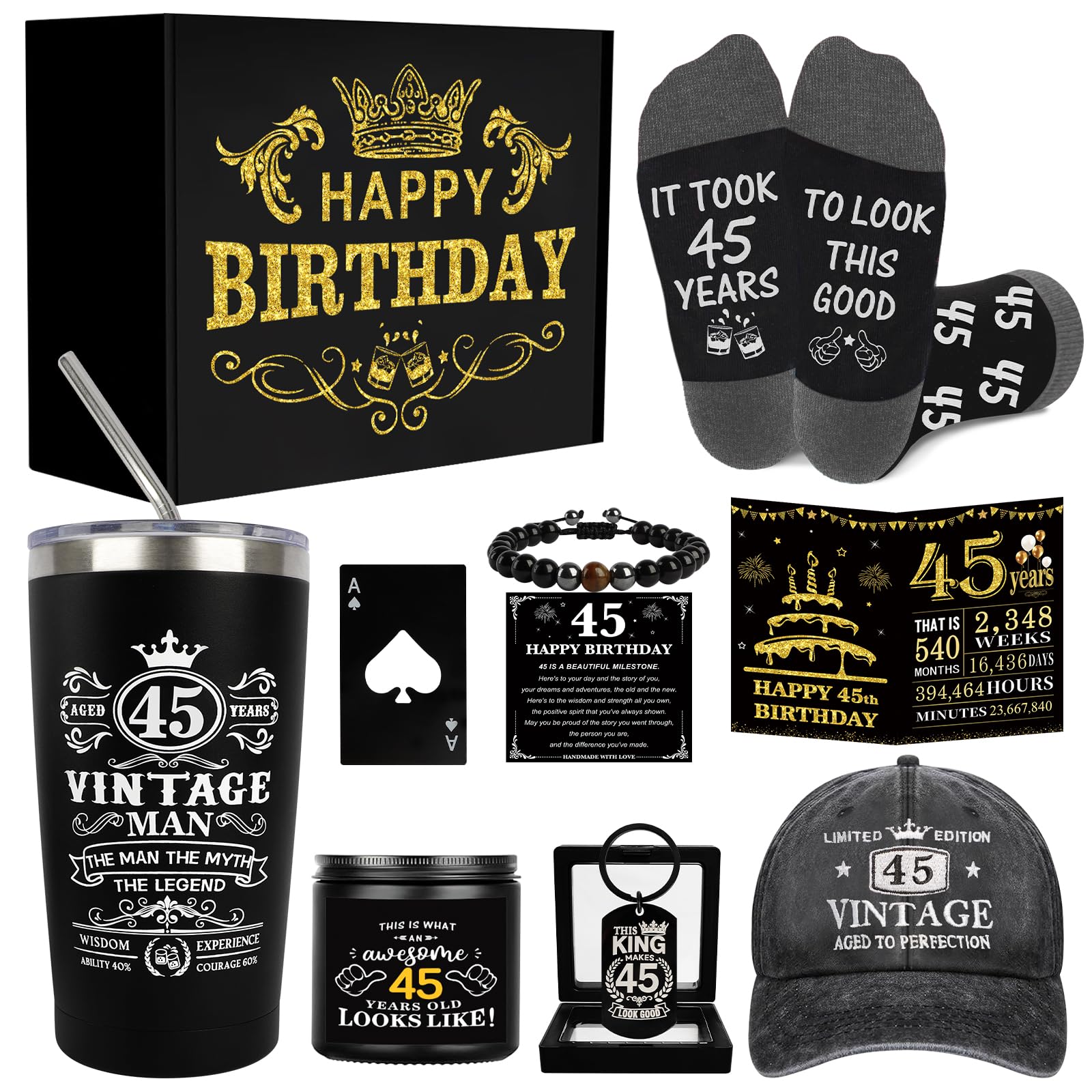 Amosking 45th Birthday Gifts for Men - Unique Birthday Box with 20 Oz Tumbler, Baseball Cap, Socks, Bracelets, Scented Candle, Happy 45th Birthday Decorations for Husband, Dad, Friends, Boss