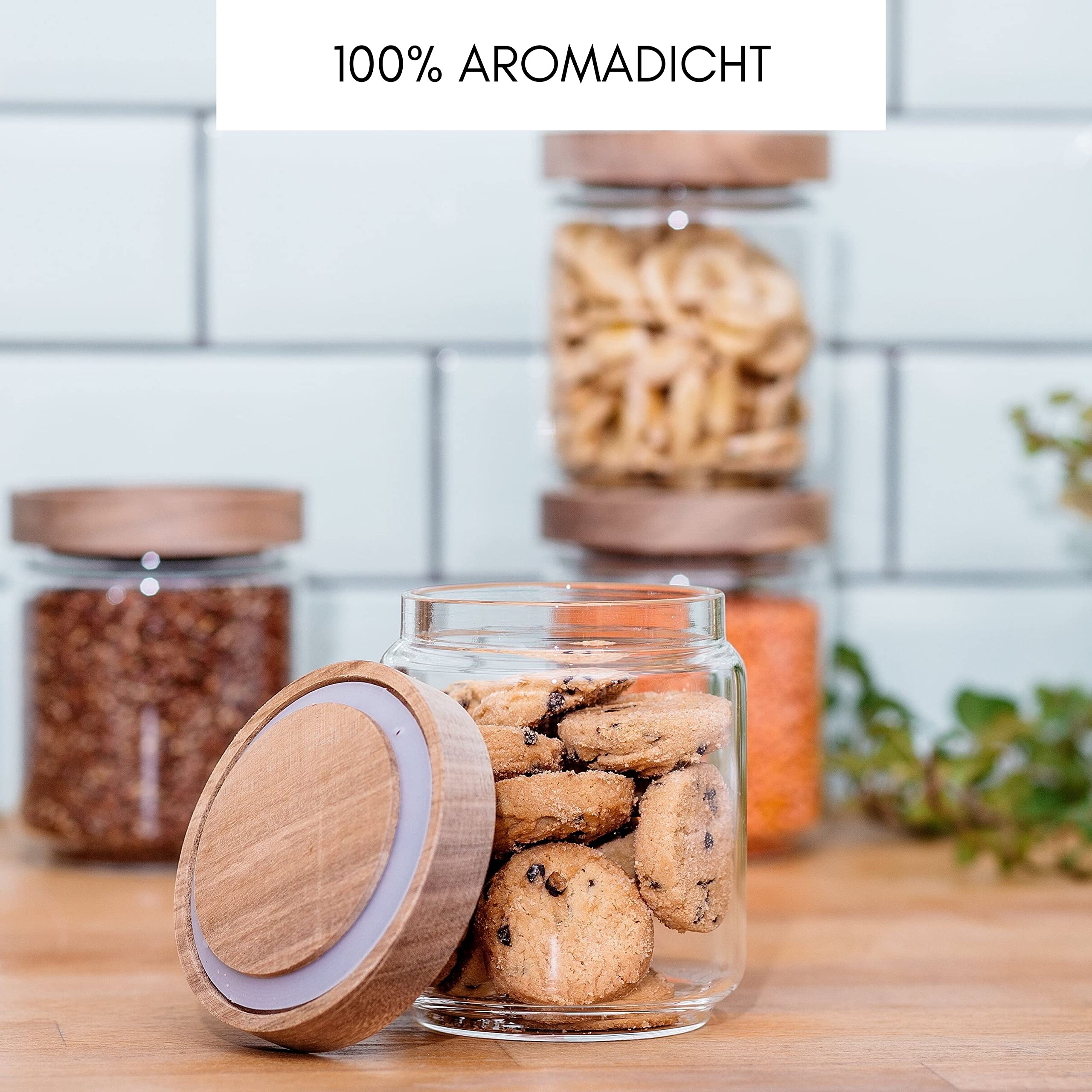Econovo® Vorratsgläser mit Holzdeckel 500ml (4-teilig) aus Borosilikatglas, stapelbar und luftdicht, Vorratsdosen Glas-Behälter Aufbewahrungsglas mit Deckel für Vorräte groß und klein