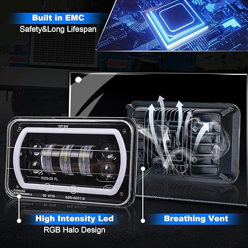 Miniatura 3 de Faros delanteros LED de 4 x 6 con halo blanco RGB modo de música, haz de sello reemplazar H4651 H4656 H4666 Faro LED rectangular para camión