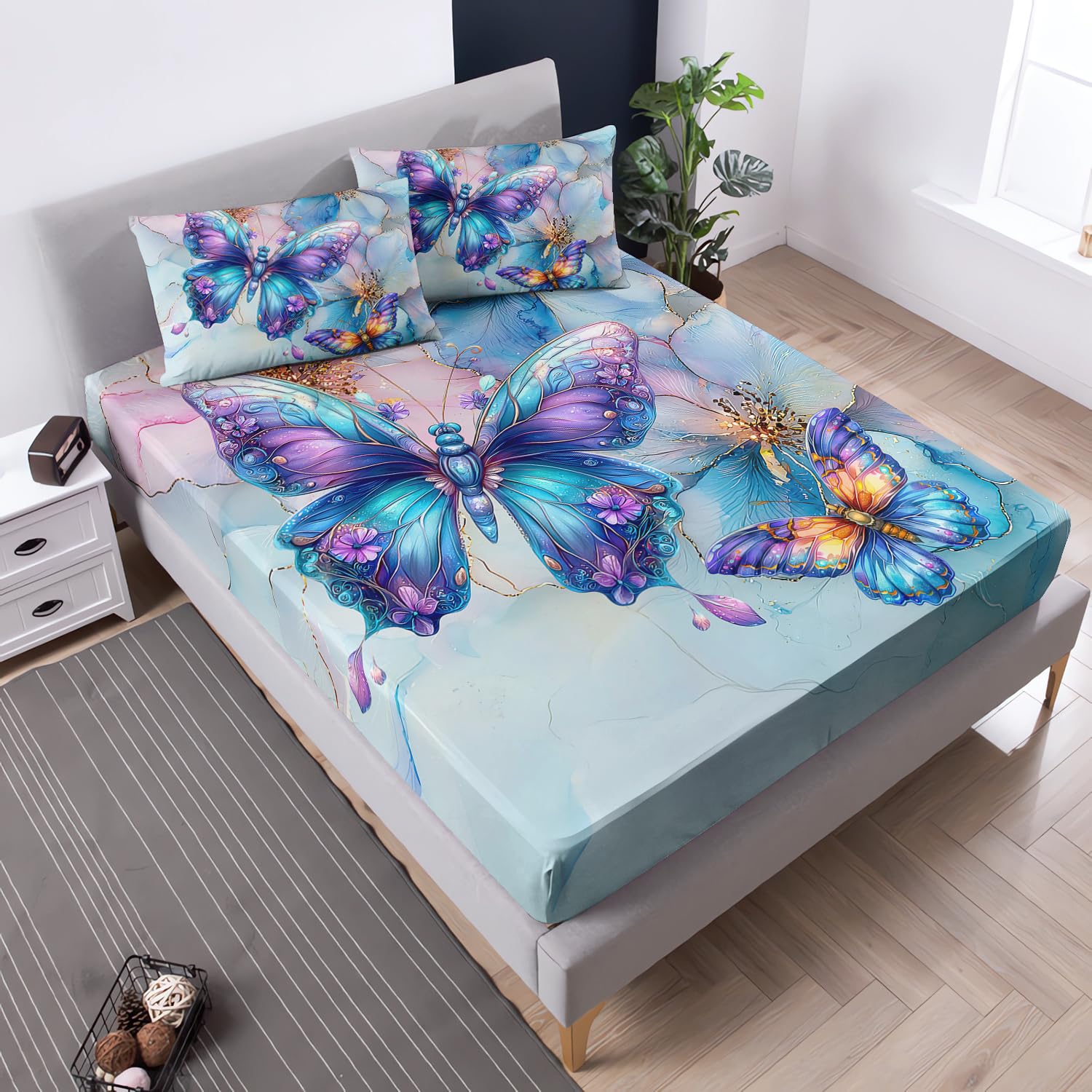 Blue Butterfly Fitted Sheet Queen Size,Texture Flower Printed Bedding Sets for Kids Girls Room Decor,1 Fitted Sheet+2 Pillowcases.