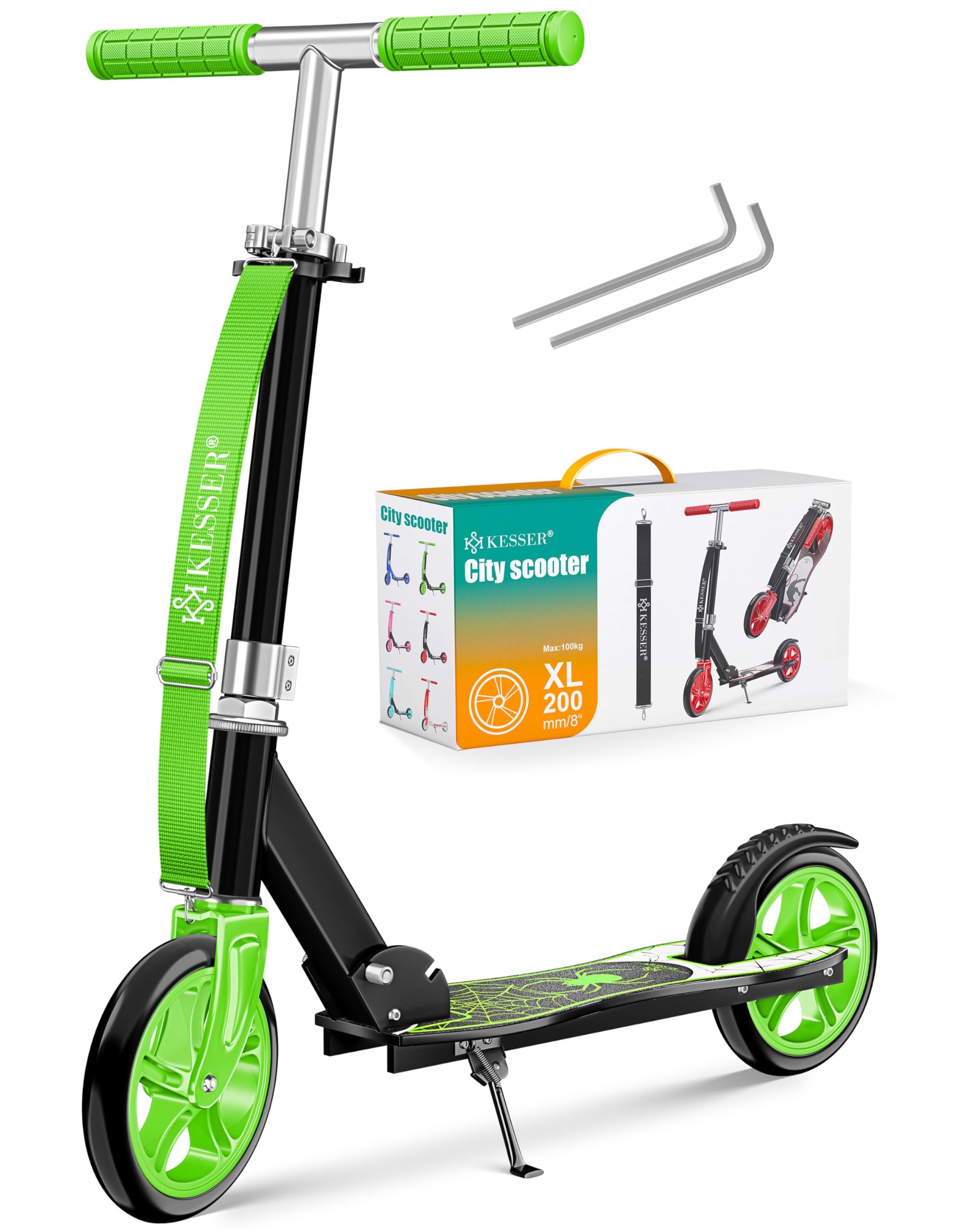 KESSER® Scooter Roller Kinderroller Cityroller Tretroller Kickroller klappbar höhenverstellbar, Kickscooter bis 100kg, Hinterradbremse, rutschfeste Trittfläche, bis 190cm Körpergröße, inkl. Tragegurt