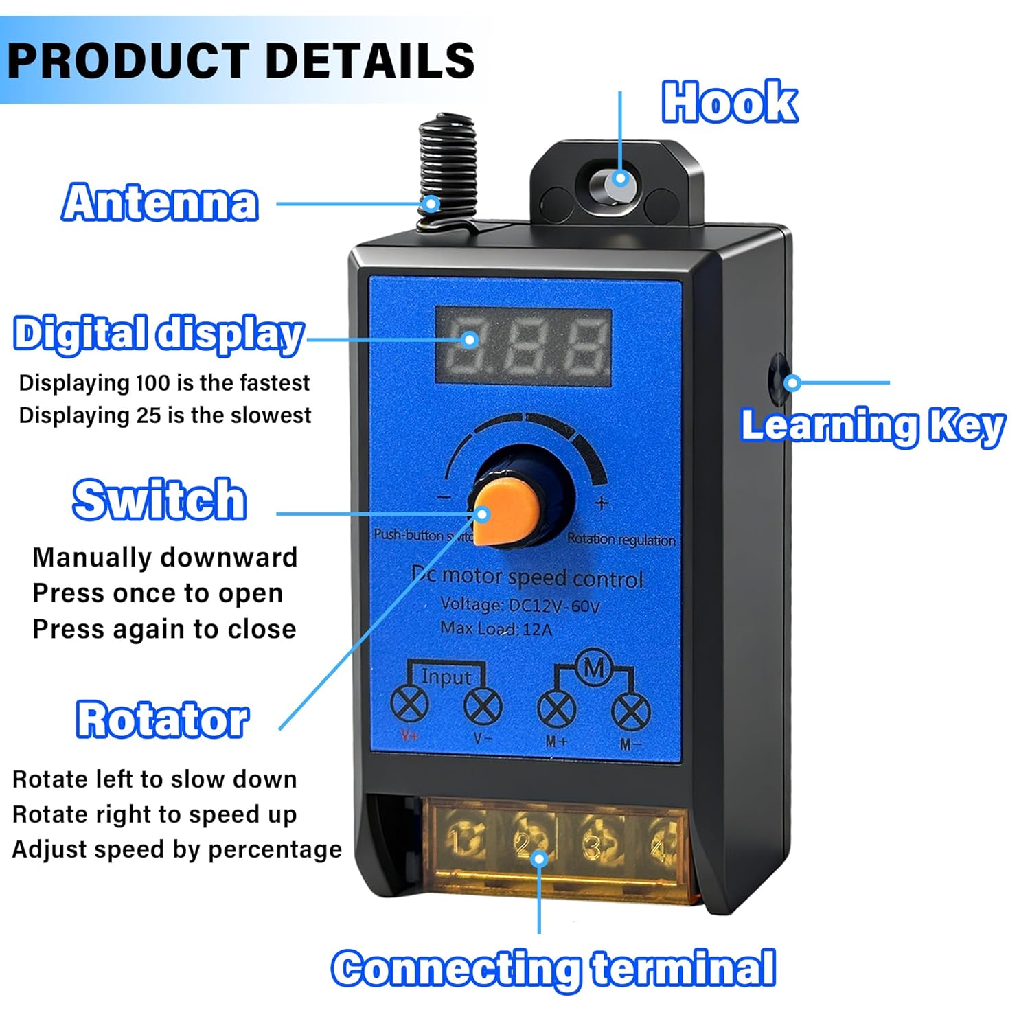 Wireless DC Motor Remote Control Switch,DC 12V-60V 12A M29B Motor Speed Controller Remote Control Switch,Wireless Remote Switch with 100 ft Range,Suitable for Various DC Motors,Lighting Fixtures,Fan.