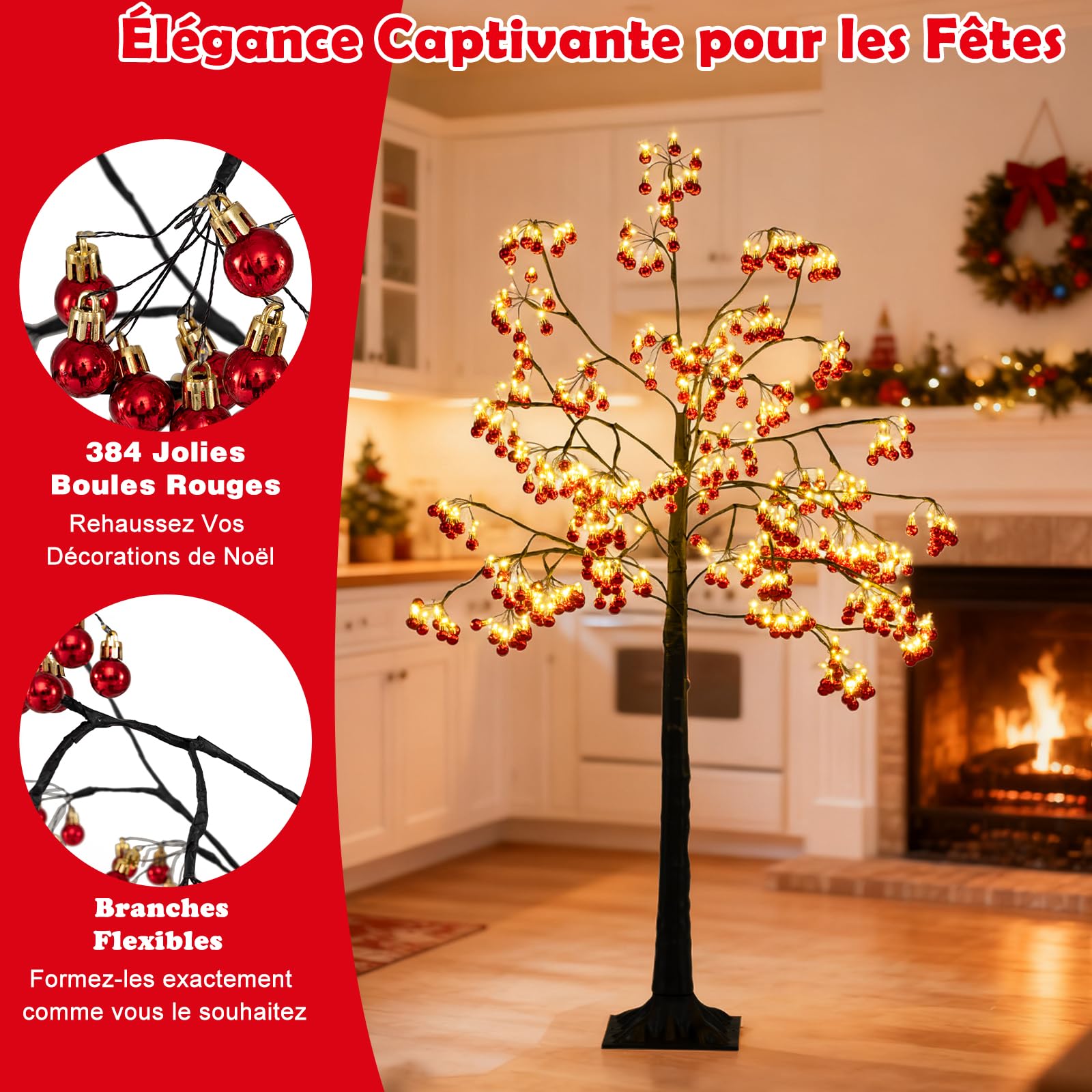 COSTWAY 150 cm Arbre Artificielle Lumineux, 384 Boules Rouges, Sapin de Noël, 480 LED Blanc Chaud, Branches Flexibles, Piquets de Sol, Noel Decoration Exterieur Interieur