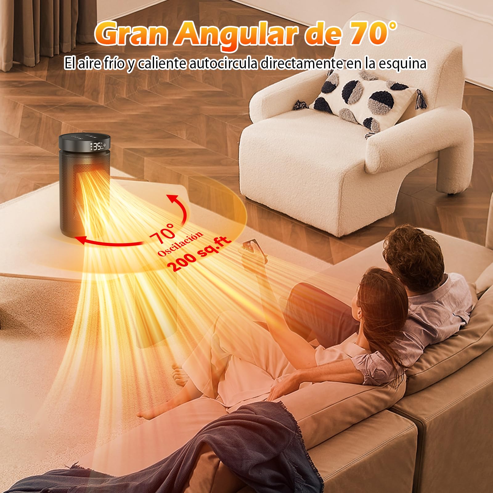 Calefactor Bajo Consumo con Control Remoto, 1500 W Silencioso Calefactor Cerámico PTC, Temporizador 12H, Rotación de 70°, Múltiples Funciones de Protección, Ideal para Salones, Dormitorios y Baños