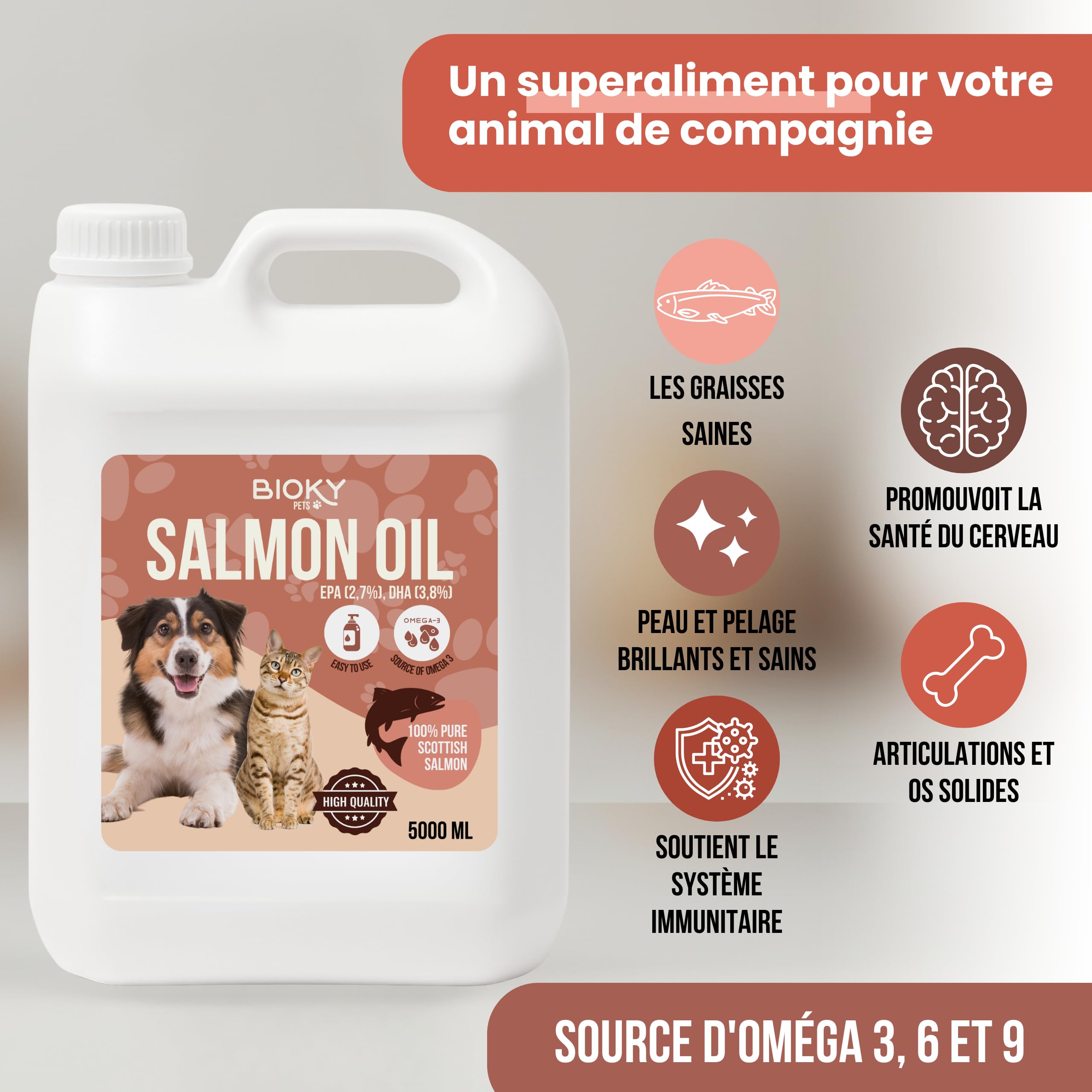 Huile de Saumon : Chiens et Chats 5 L – Source d'Oméga 3 et 6 – EPA et DHA – Complément Alimentaire Haut de Gamme à Base d'Acides Gras et de Vitamine E – Origine : Écosse