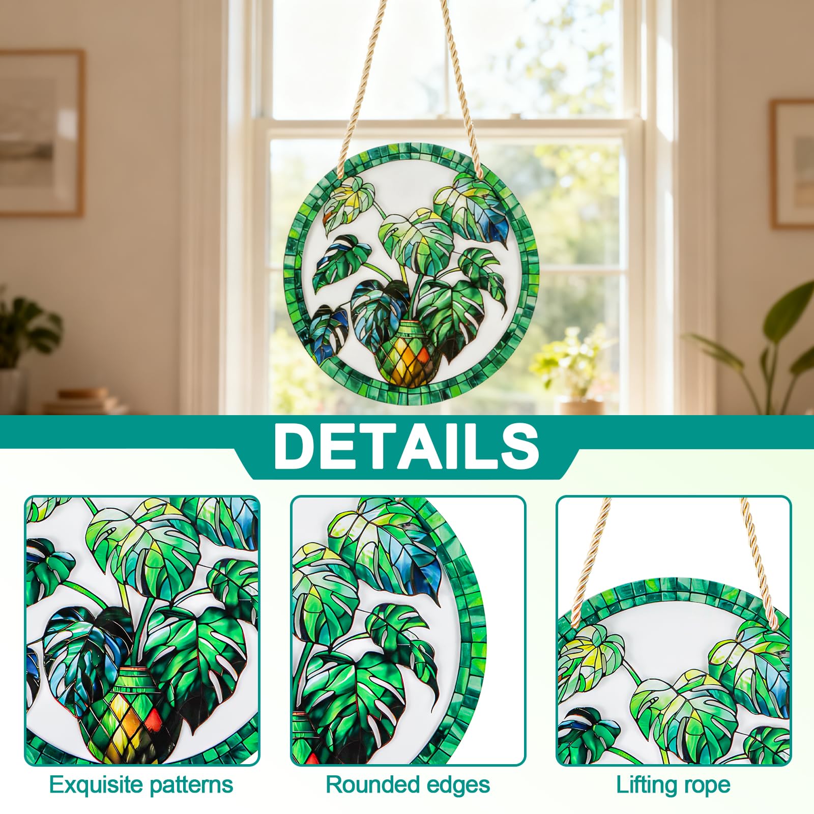 Decoracion Jardin Exterior,Atrapasoles para Ventanas Colgante con Modelado de Plantas Verdes,Adornos Jardin Exterior Impresión a Doble Cara para Terraza,Alféizar,Casa y Jardín
