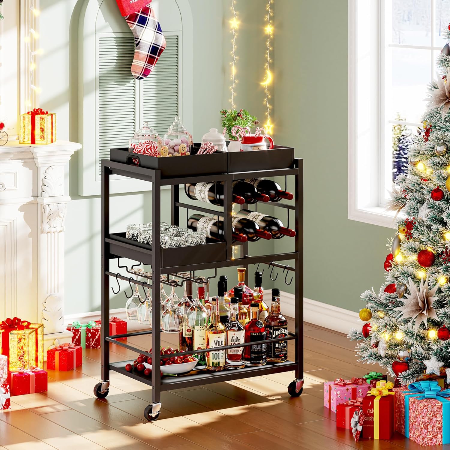 tutotak bar cart, home bar serving cart, 3-tier kitchen cart on wheels, rolling beverage cart with wine rack and glass holder, black bc01bk037 13"d x 24.8"w x 34.4"h black
