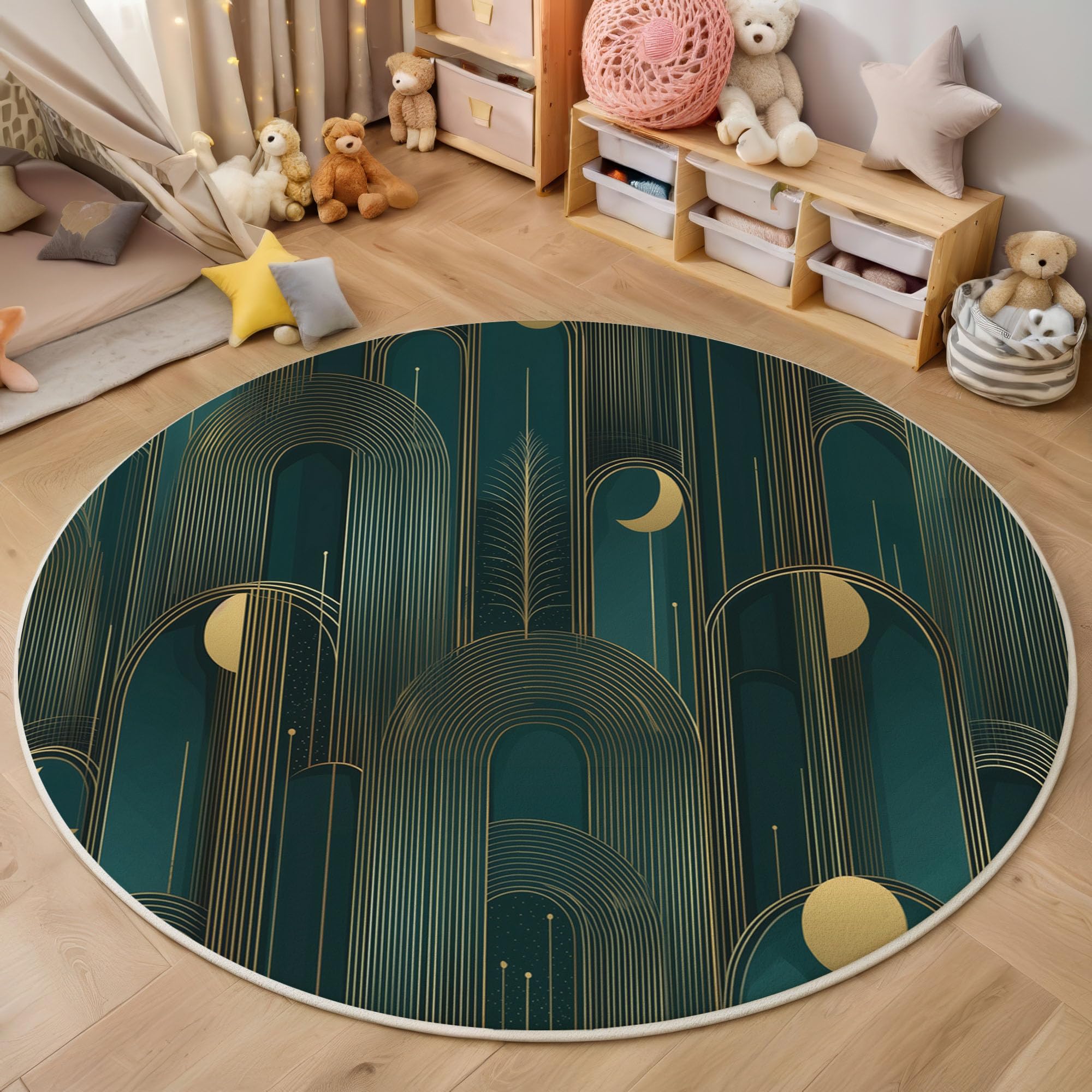 Tapis Rond Antidérapant 180cm, Doux Moelleux Lune Lignes Dorées Imprimé Style Art Déco Lavable Poil Bas Cyan Foncé Tapis de décoration, pour Décoration Salle à Manger Chambre Canapé