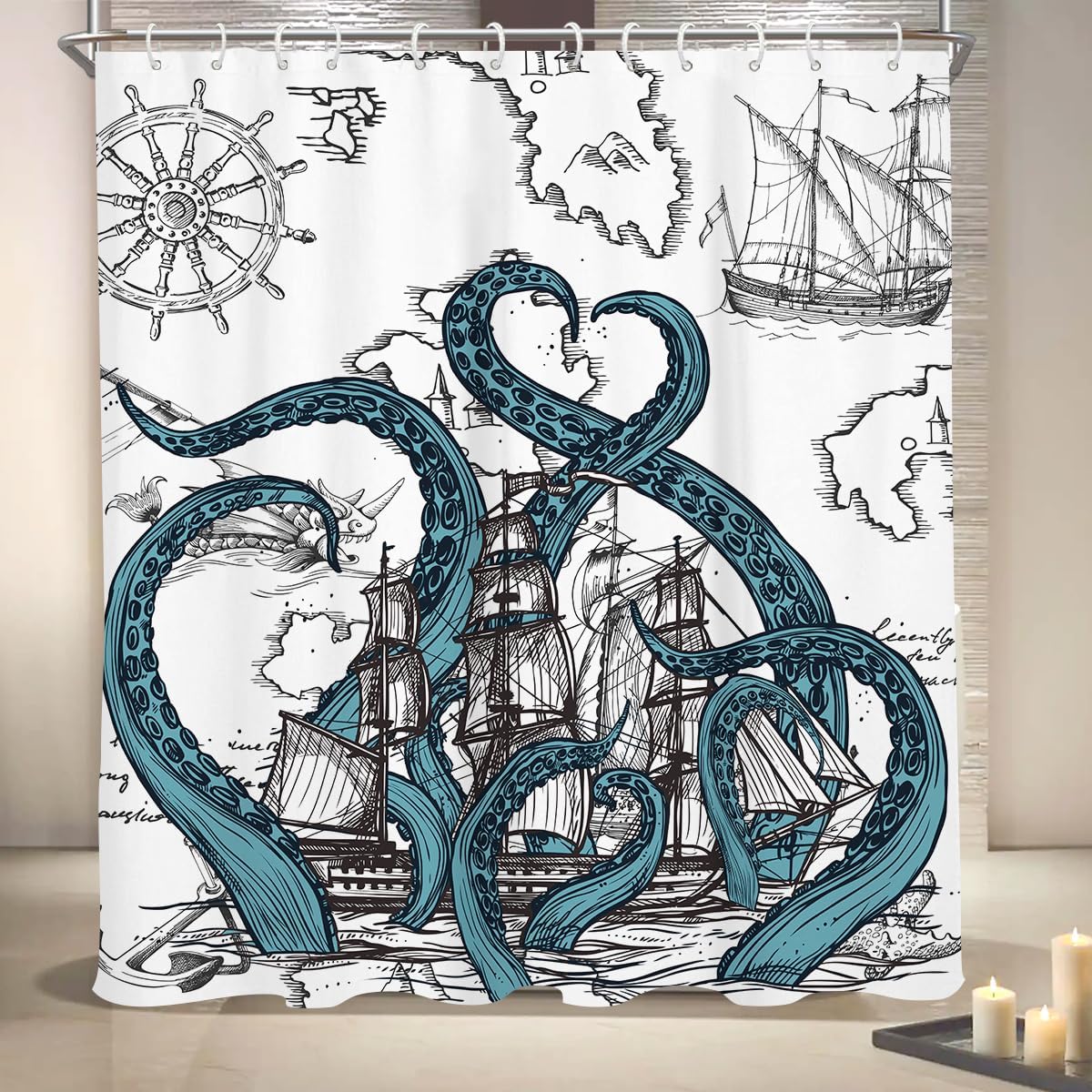 Coxila Nautical Octopus Shower Curtain Extra Long XL Large Funny Fun Cool Kraken Coastal Pirate Ship World Map Mens Anime Vintage Ocean Adventure Weird Sea 72 x 84 Inch Polyester Fabric 12 Pack Hooks