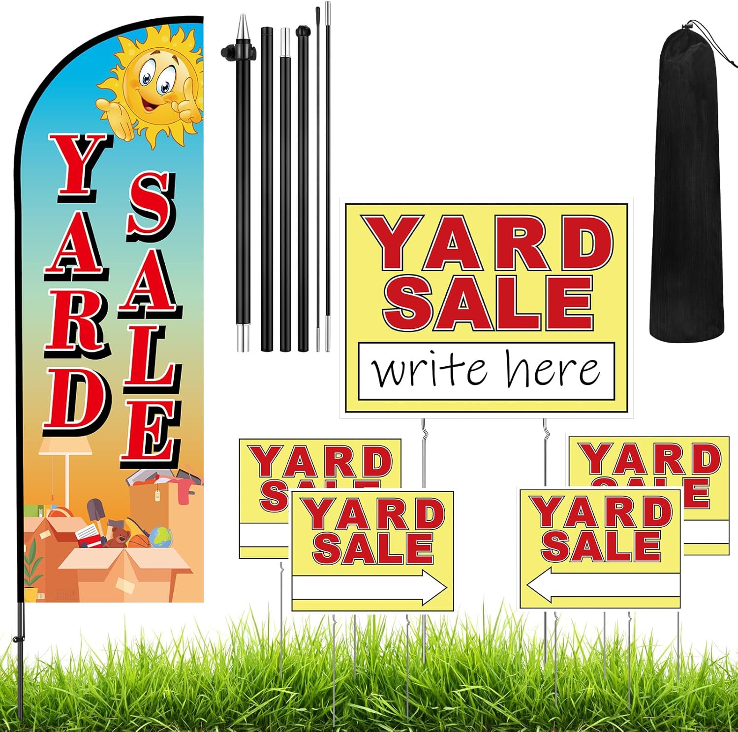 Yousoontic 6 Pcs Yard Sale Sign Kit Include 1 Pack 7 ft Feather Flag Pole Kit with Ground Stake 5 Pack Double Sided Yard Sale Sign with Metal Stake for home Business