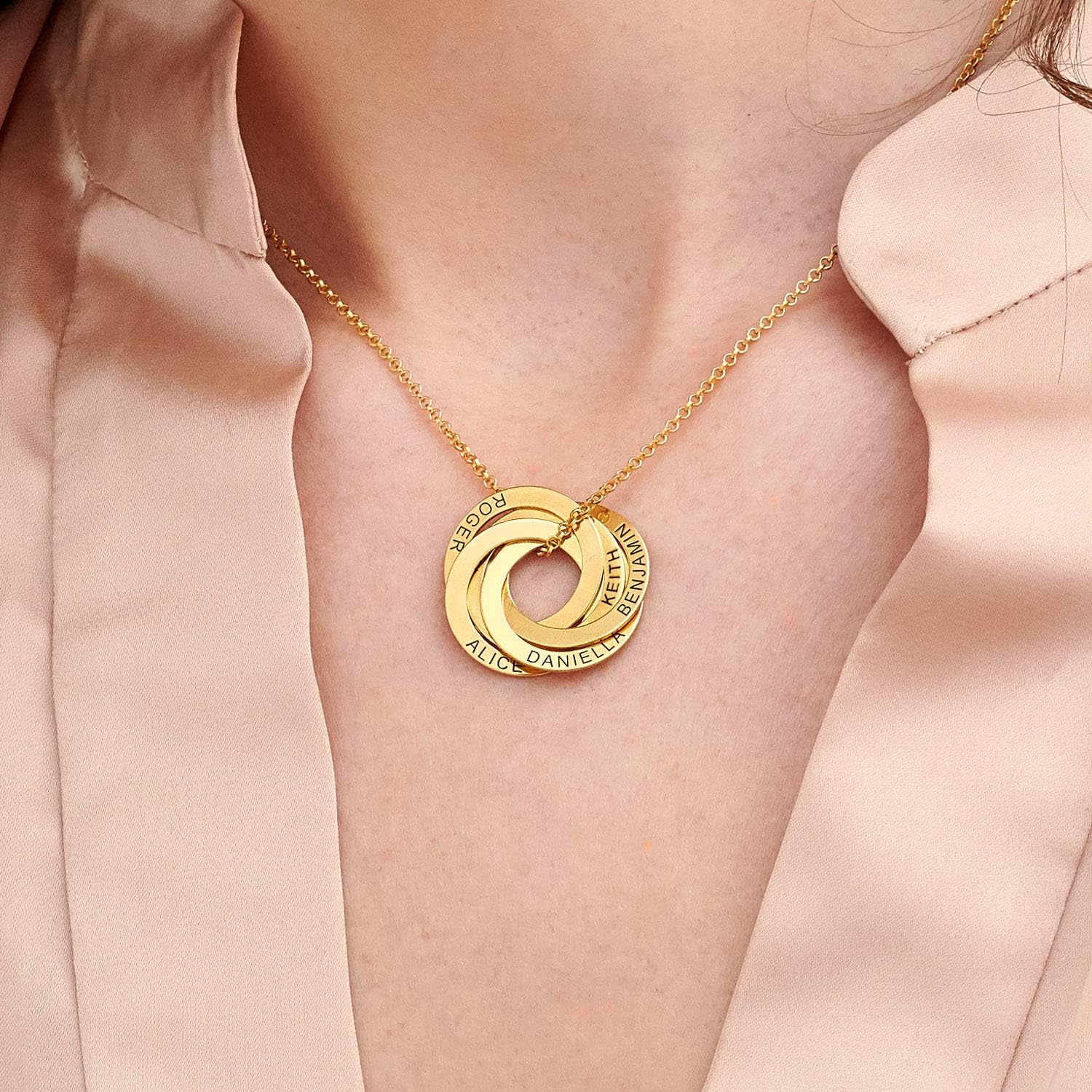 MyNameNecklace Personalized Russian Rings Necklace with Inscriptions - Two, Three, Four or Five Custom Pendant - Dainty Gift for Mom, Grandma, Her, Women - Jewelry for Christmas, Birthday