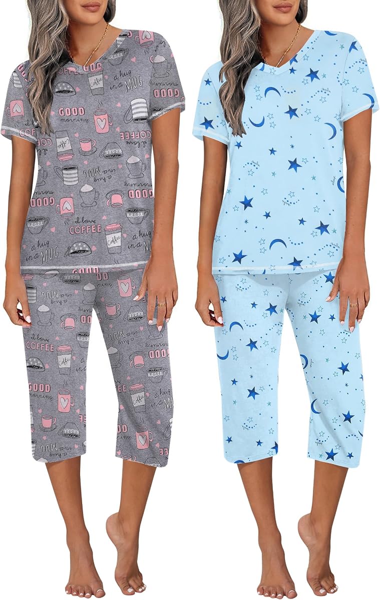Ekouaer - Conjunto de pijama capri para mujer, 2 unidades, manga corta, dos piezas, cuello en V, tops y pantalones, conjuntos de salón estampados S-3XL
