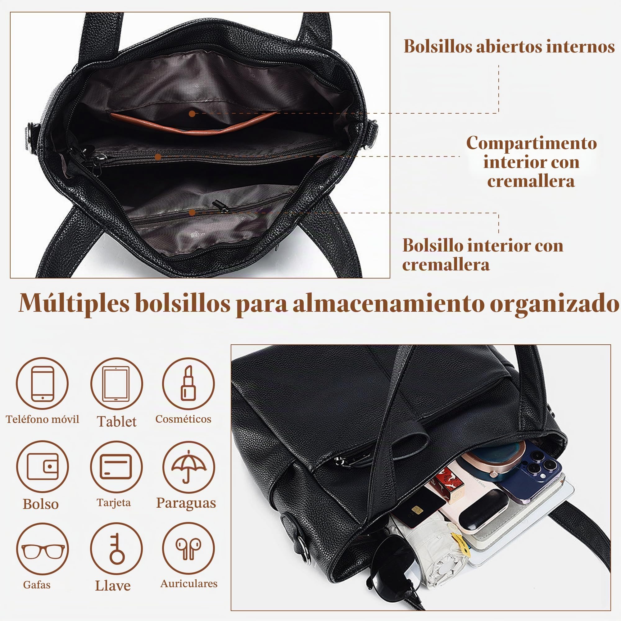 Bolso Mujer Mano Hombro Bandolera Mediano PU Shopper Tote