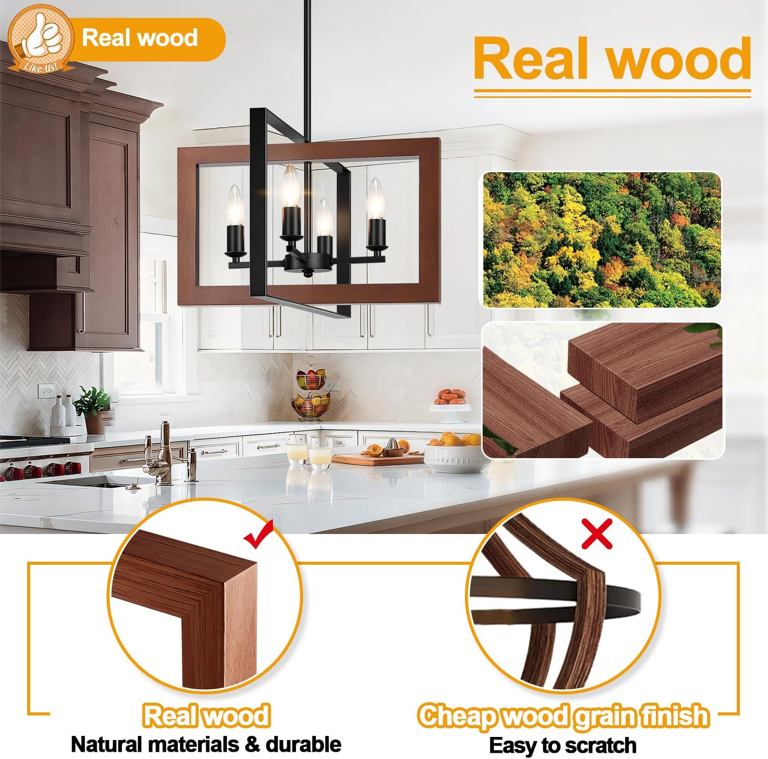 17" Farmhouse Real Wood Chandelier, No Assembly Required 4-Light Rustic Dining Room Light Fixture Over Table, Adjustable Hanging Chandelier for Kitchen Living Room Foyer Entryway