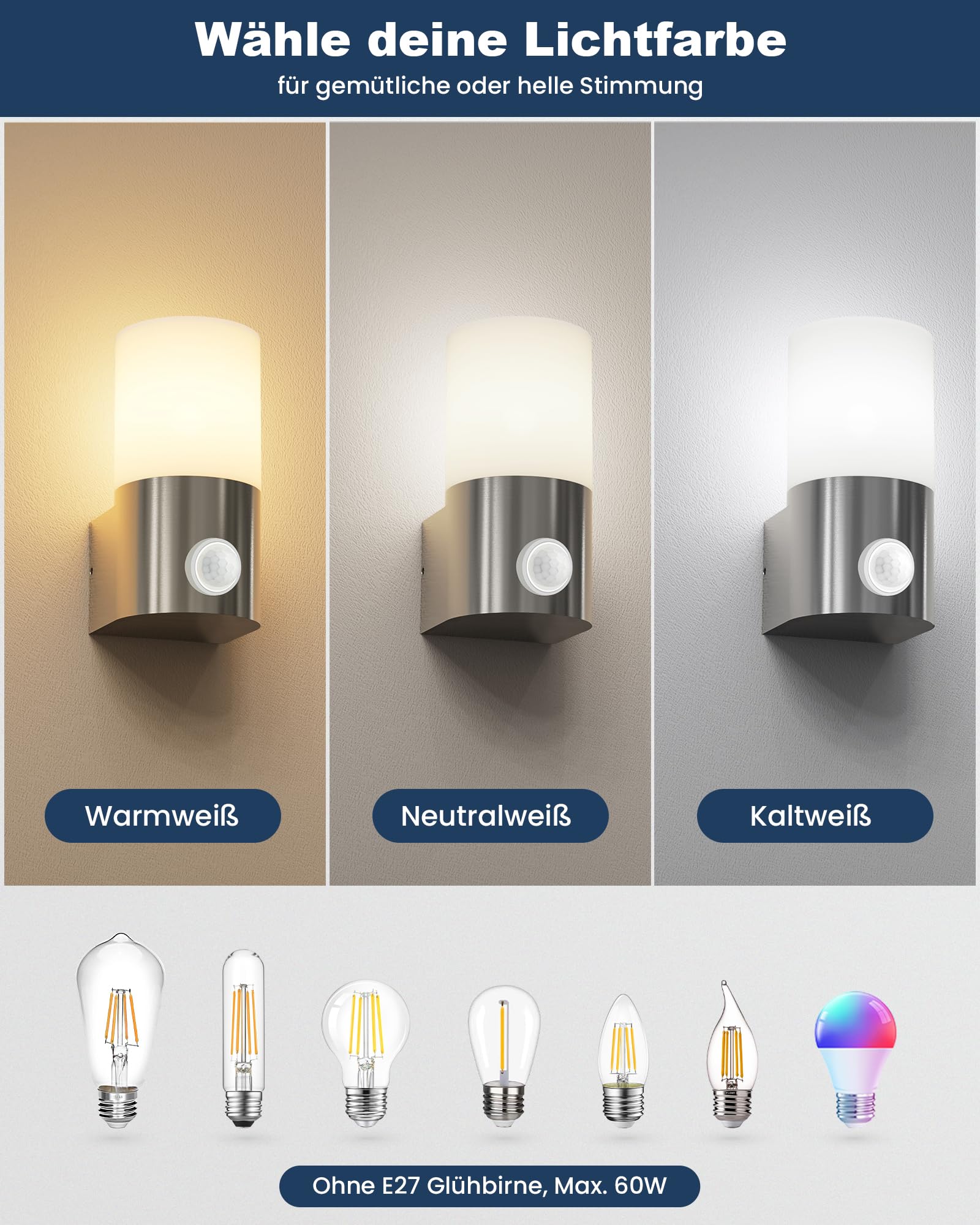 Allesgute 2er Wandlampe E27, Wandleuchte mit Bewegungsmelder Gebürstet Edelstahl, IP65 Aussenlampe, PC+Aluminium, Moderne Wandleuchten Außen für Hauswand, Balkon, Terrasse(Ohne Leuchtmittel)