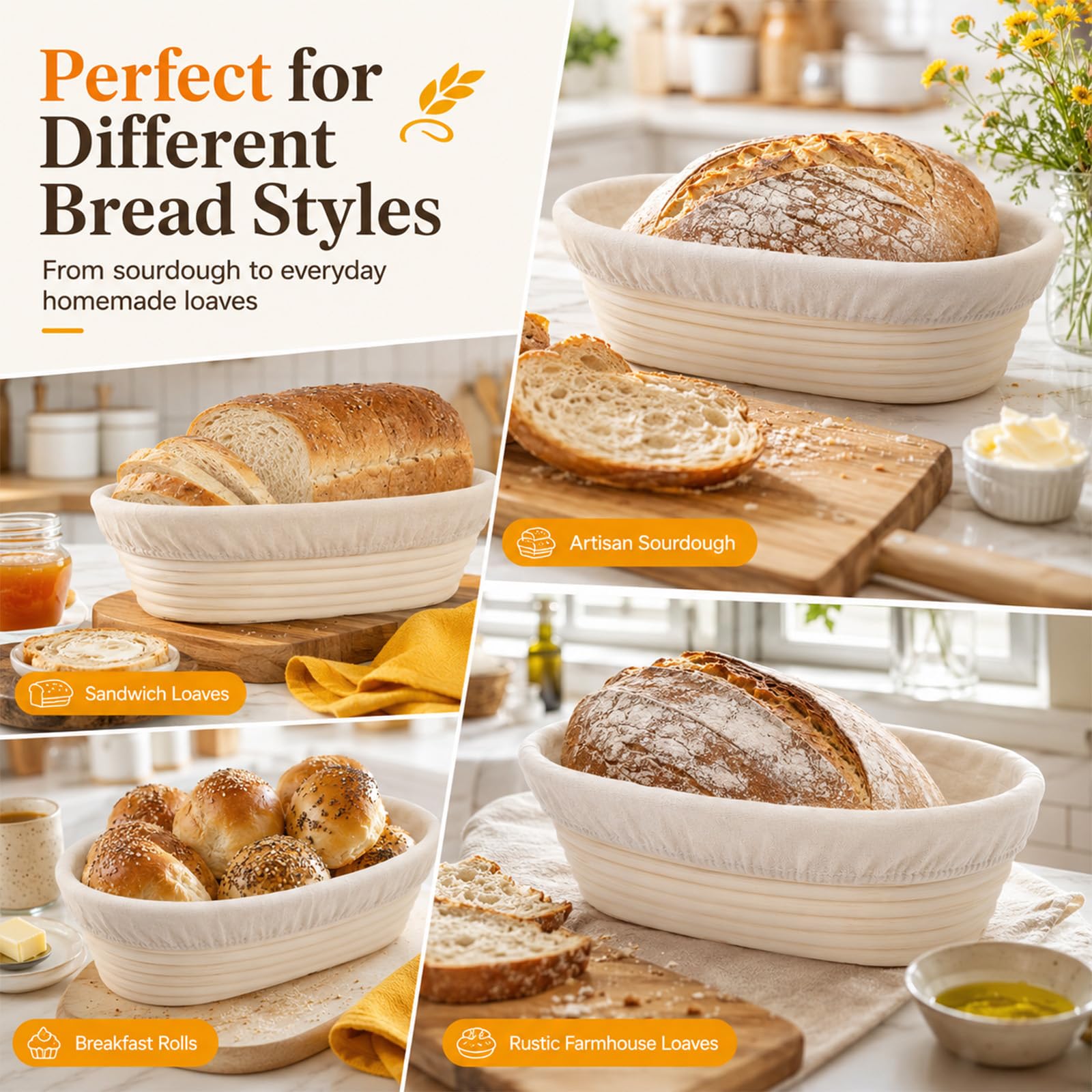 Set di 6 cestini rotondi fatti a mano | kit per fare pane lievitato da 15,2 cm, cesti in rattan(3 pezzi (10 pollici))
