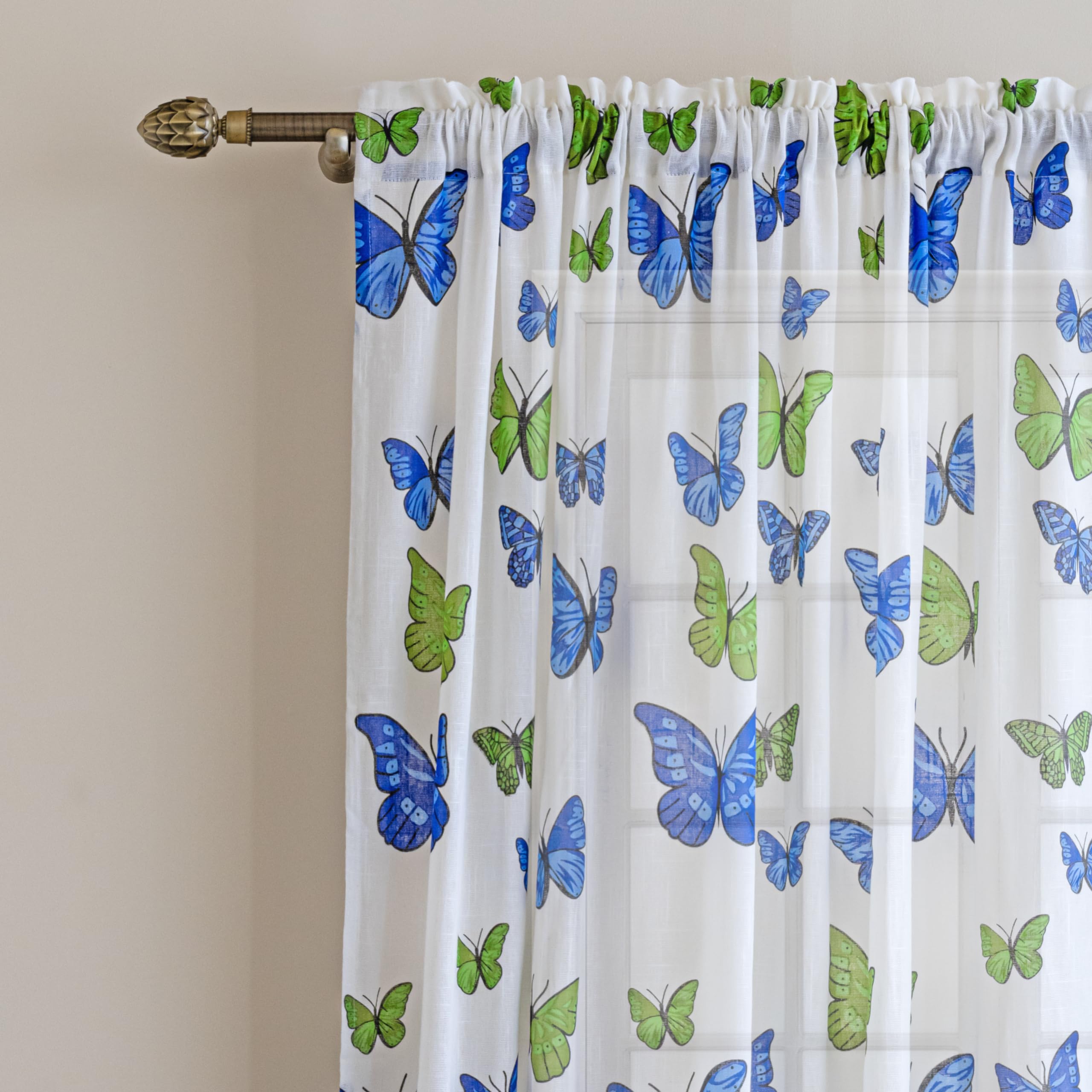 HOMEMONDE Sheer Curtain 10 Feet Long Door- Butterfly Printed Linen Textured Transparent Rod Pocket Curtains for Living Room, Pack of 2- (Top Style- Rod Pocket)