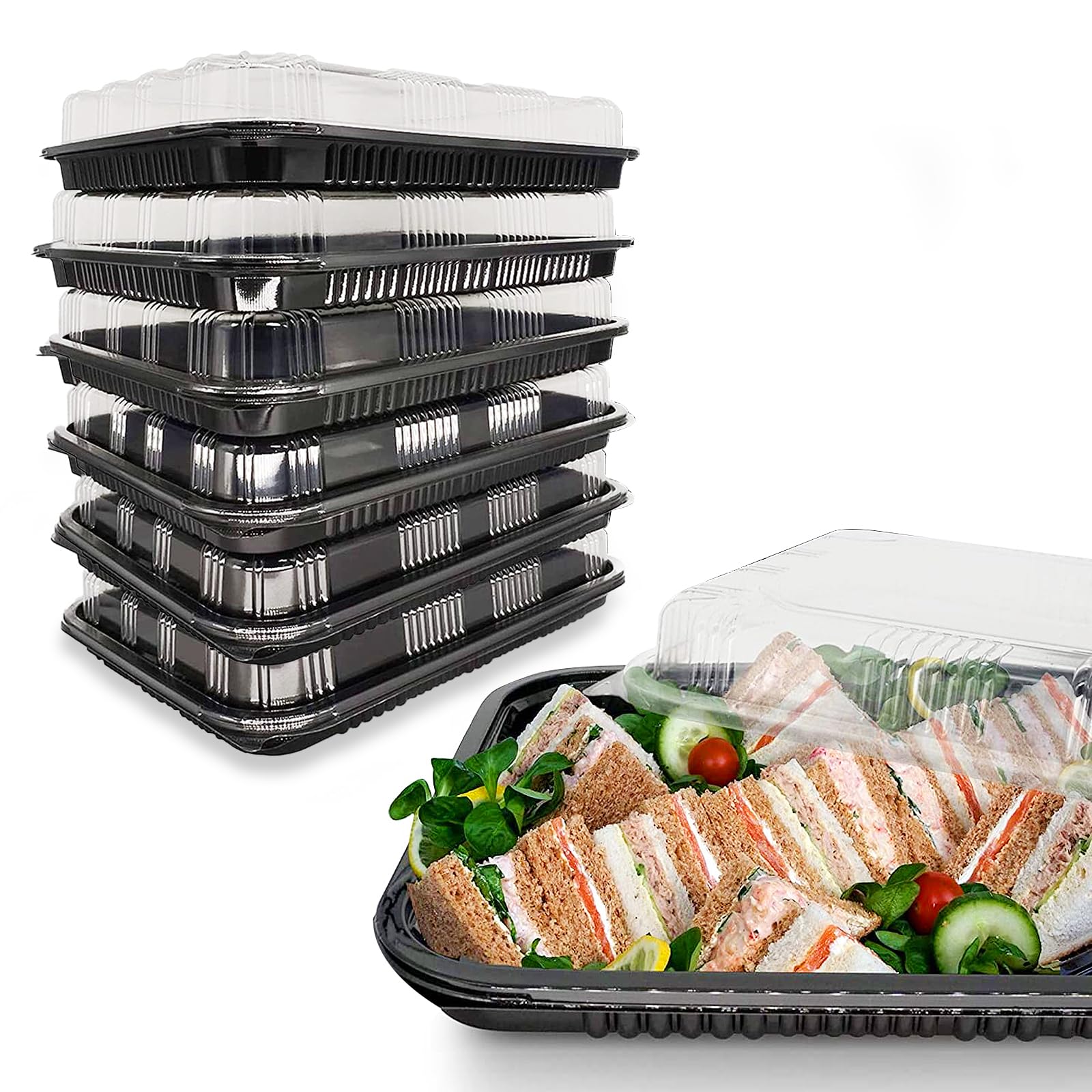 HIYAA Sandwich Platter Trays With Lids, Pack of 6 Reusable Plastic Catering Trays With Lids for Meal Prep Cakes, Treats and Sandwiches