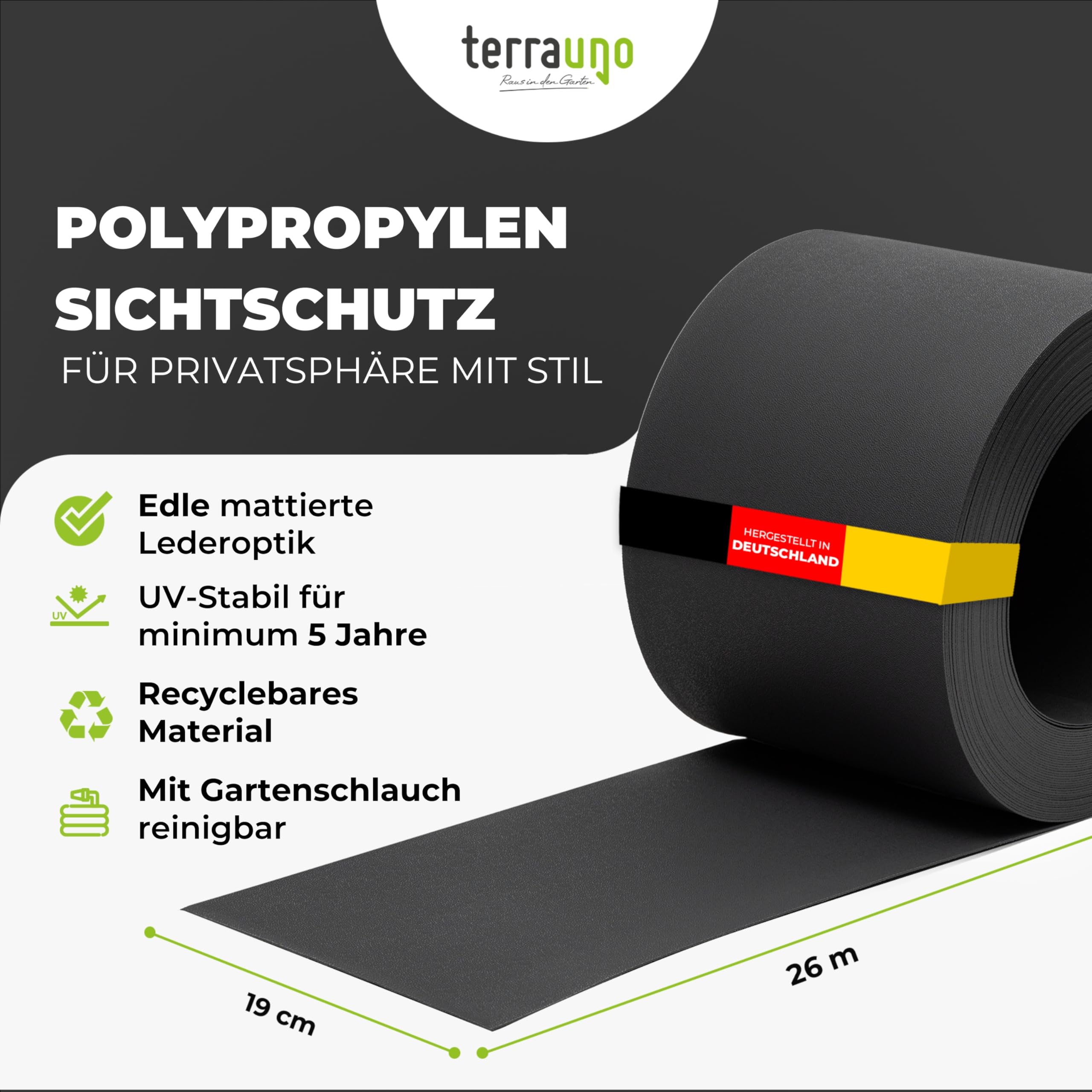 TerraUno Sichtschutzstreifen für Doppelstabmatten, Polypropylen, RAL 7016 Anthrazit, 26m x 19cm Rolle, UV-Beständigkeit