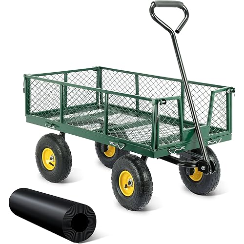 Steel Garden Cart, Heavy Duty 900 Lbs Capacity Folding Utility Wagon with Removable Side 10 Inch Tires, Yard Wagon, Green