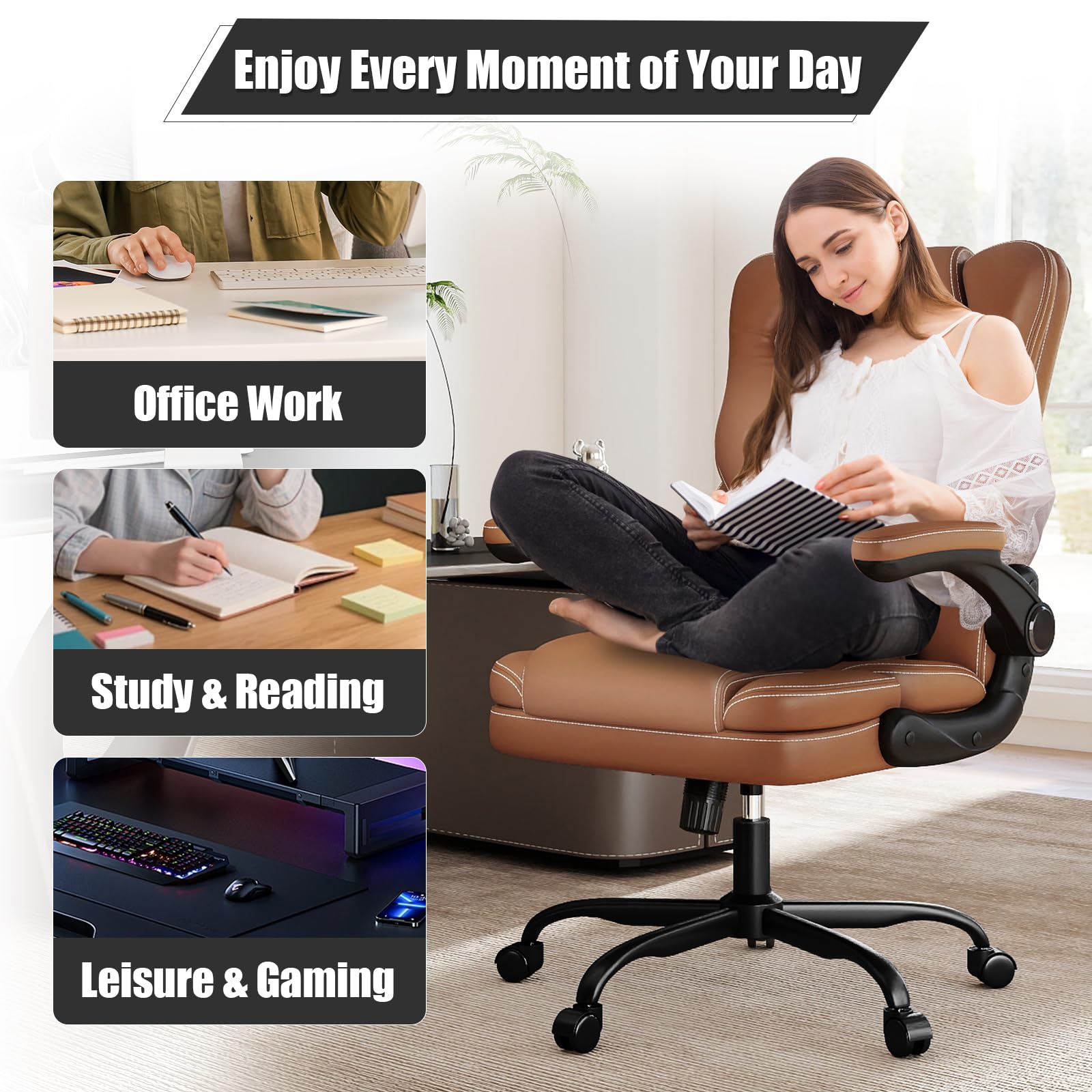 Ergonomic Office Chair with Flip-up Armrests 300lbs,Middle- Tall Computer Office Desk Chair with Lumbar Support,Executive PU Leather Chair with Rocking Function Adjustable Height for Home Office