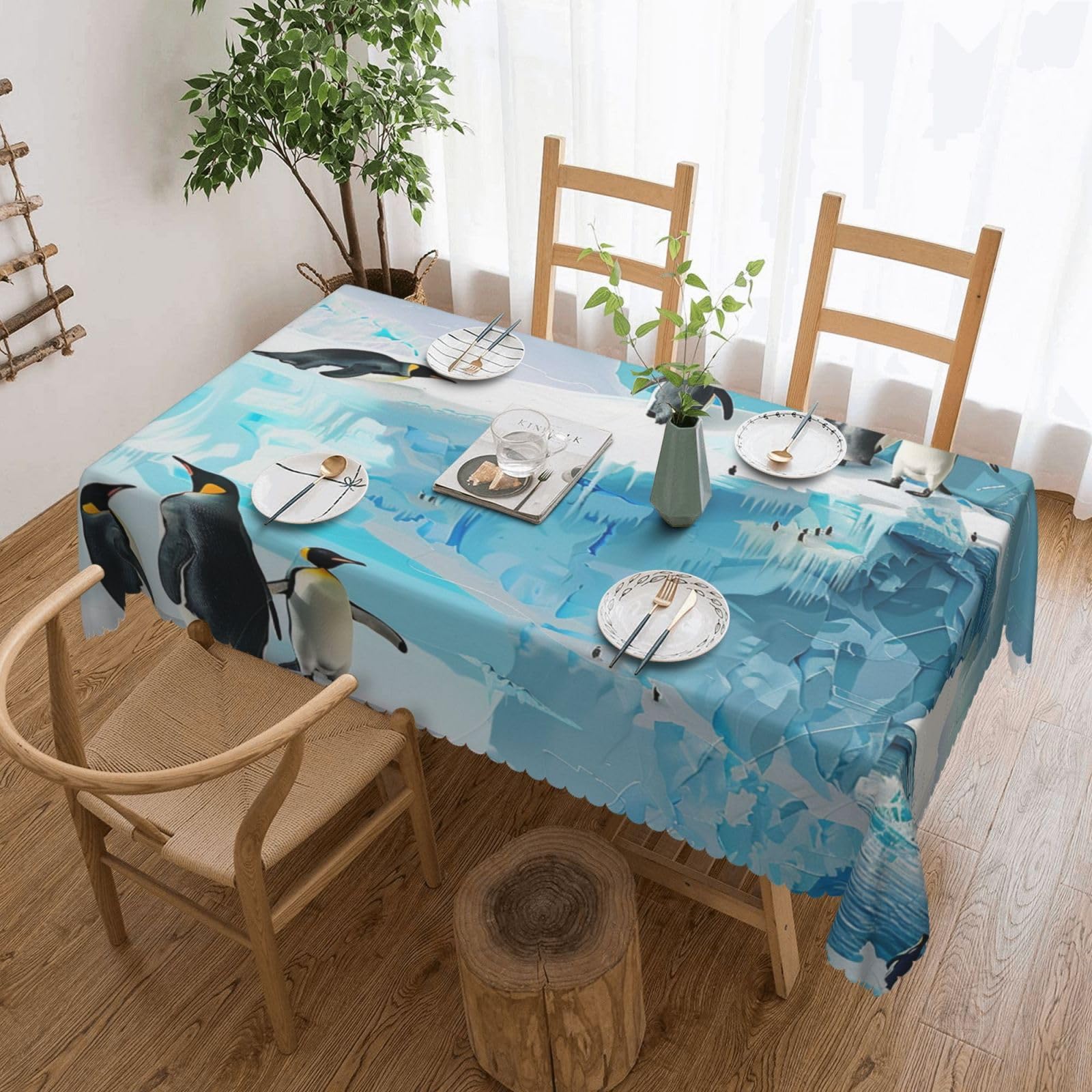Penguin on The Iceberg Printed Rectangle Tablecloth 72x54 Inch with Lace Trim, Water-Resistant Washable Table Cover for Farmhouse Weddings, Outdoor Picnics & Holiday Dining