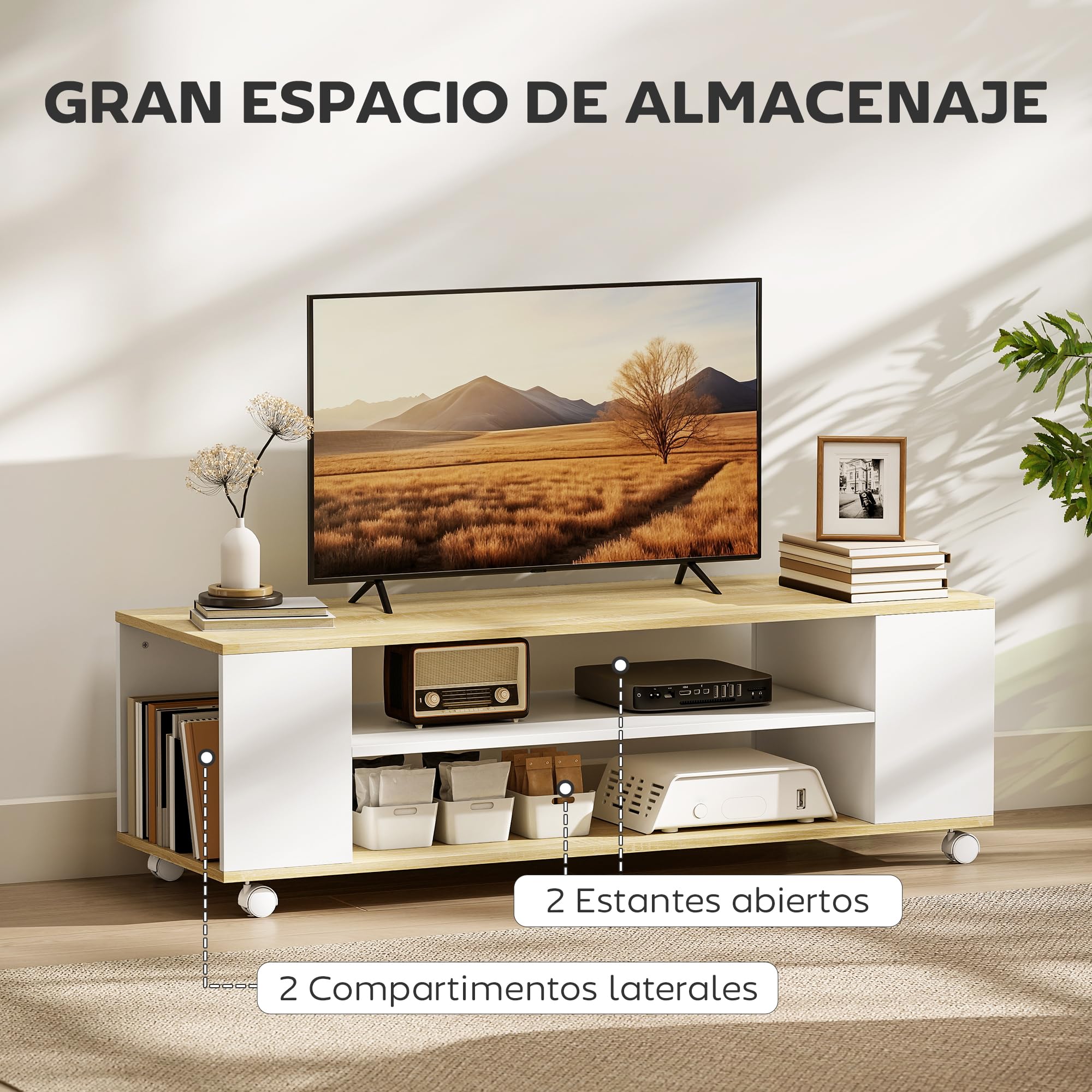 HOMCOM Mueble de TV con Ruedas, Mesa de TV Suspendido o de Pie, para Salón, con 4 Estantes Abiertos, para Televisión de 55 Pulgadas, Estilo Moderno, 120x40x38,5 cm, Natural y Blanco