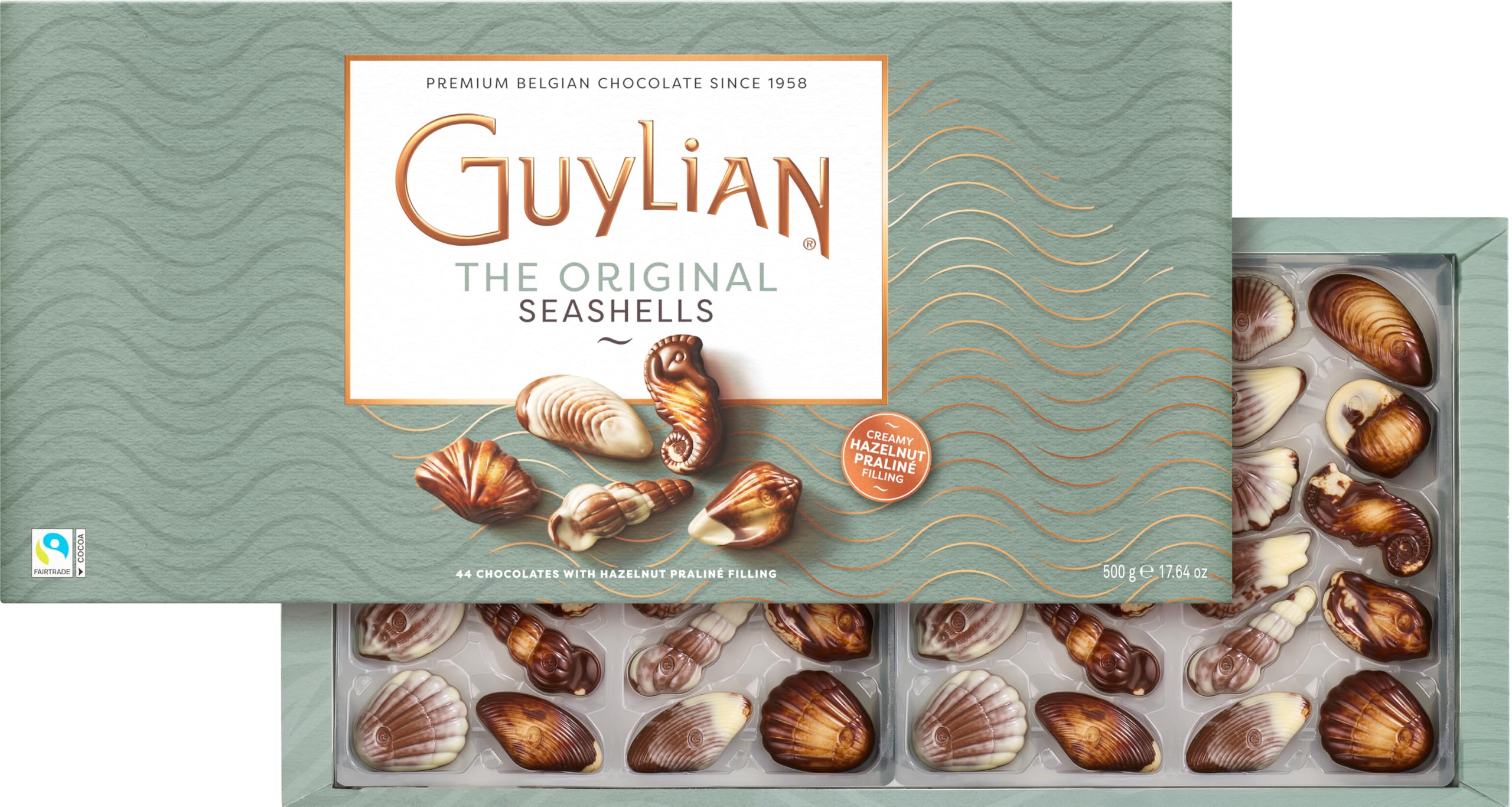 Guylian Meeresfrüchte Pralinen 500g – Original Premium Belgische Pralinen mit Nuss-Nougat Füllung und Marmorierung aus Zartbitter-, Vollmilch- und weißer Schokolade (1 x 500g)