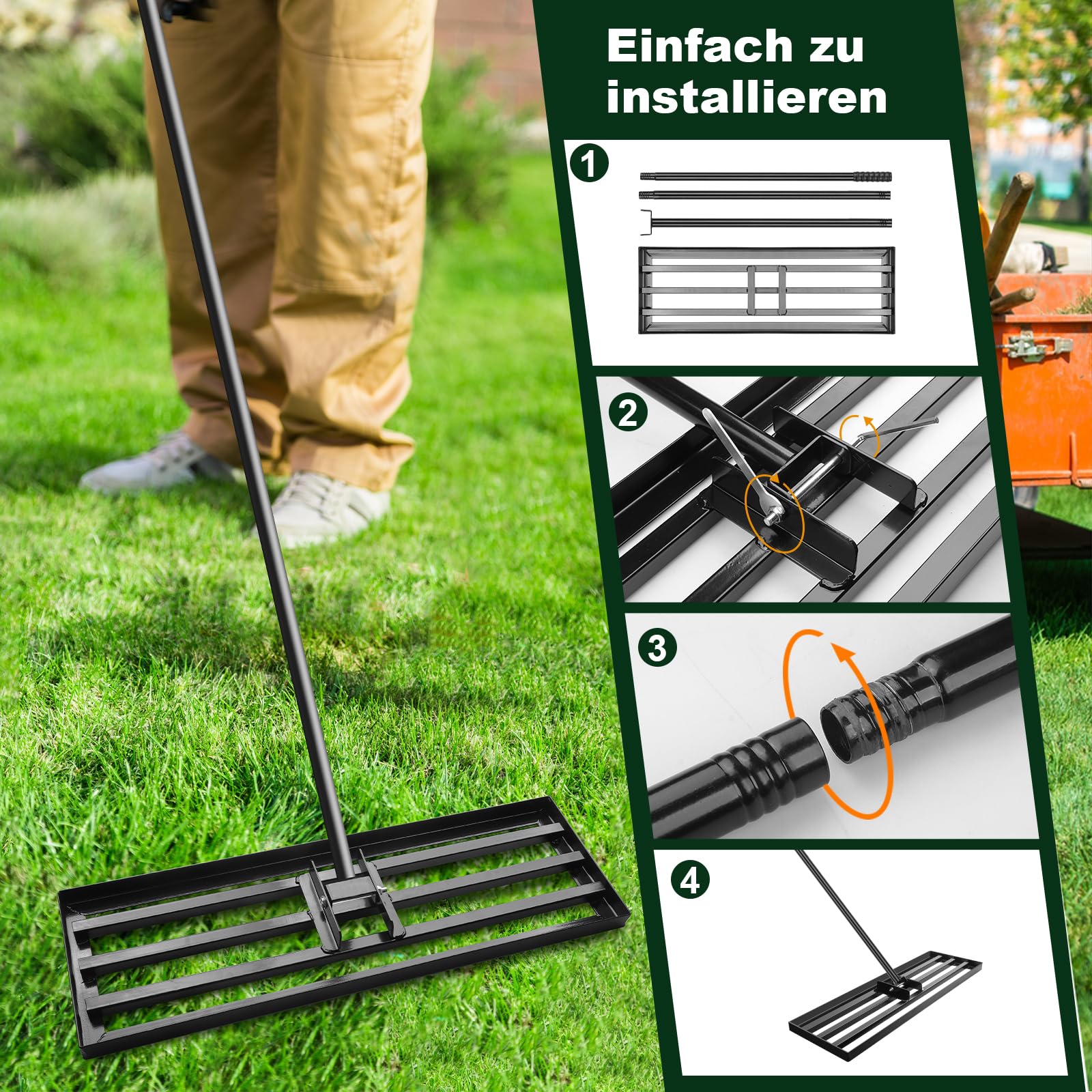 Rasen Nivellierrechen 76,2 × 25,4 cm mit 213 cm Edelstahlstiel, Rasenrechen aus verstärktem Stahl, Schwenkbarer Kopf, Rechen zum Einebnen von Erde, Rasen Nivelliergerät für Garten und Landschaftsbau