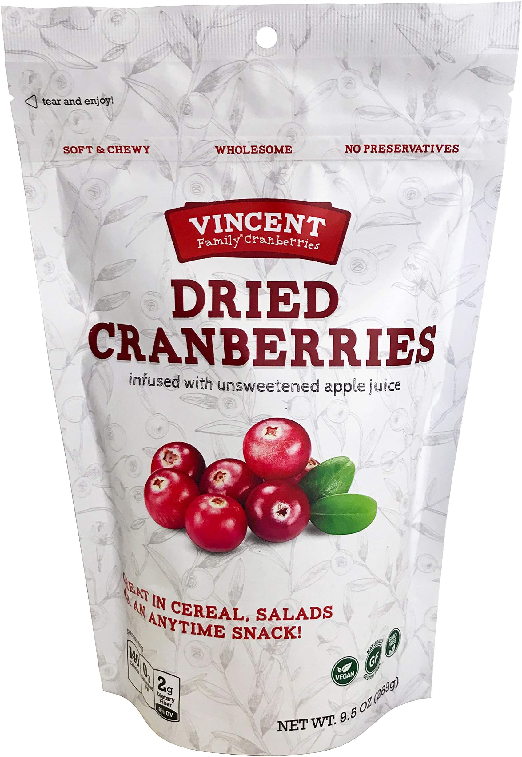Vincent Family Dried Cranberries Infused With Unsweetened Apple Juice, 9.5 Oz