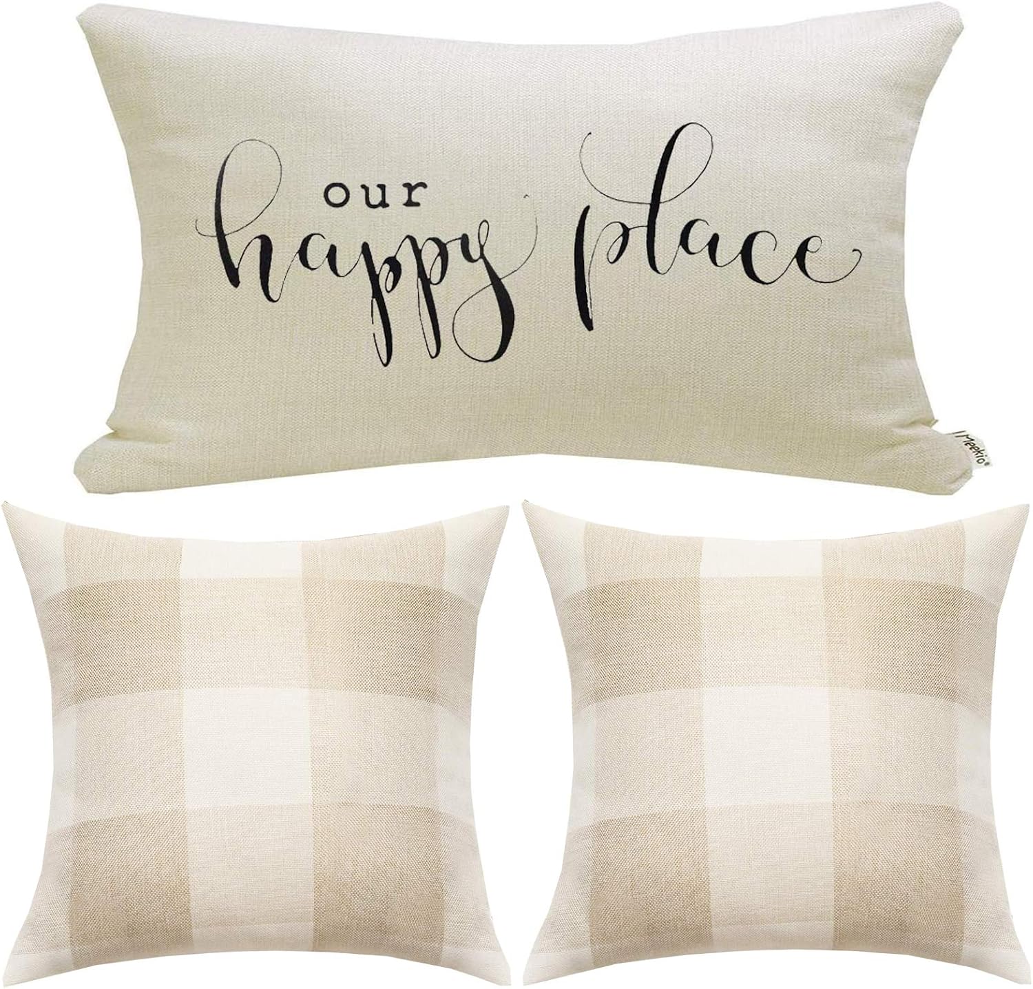 Meekio Set of 3 12” x 20” Lumbar Pillow Covers with Our Happy Place Quote Farmhouse Pillow Covers Beige and White Check 18” X 18” Housewarming Gifts Farmhouse décor for The Home