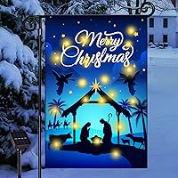 Vista 1 de Nativity - Bandera de jardín iluminada de Navidad, bandera religiosa de arpillera LED solar para patio – Cartel rústico de noche santa