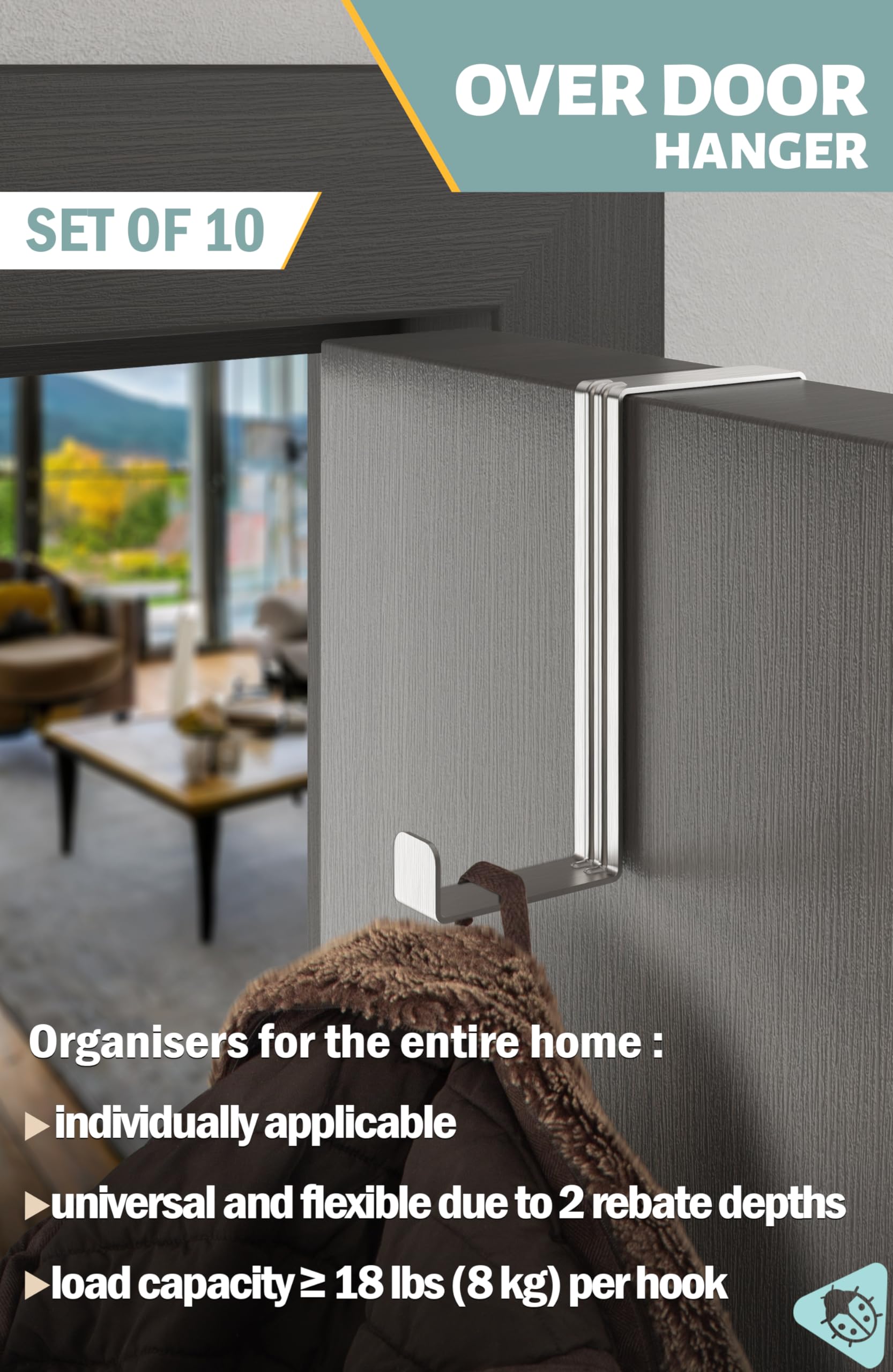 Menz Over Door Hanger - 10 pcs. in Silver - Coat Hooks 3.6 cm (1.4") + 4.6 cm (1.8") - Over Door Hook for Hanging Clothes Coat Rack - Image 2