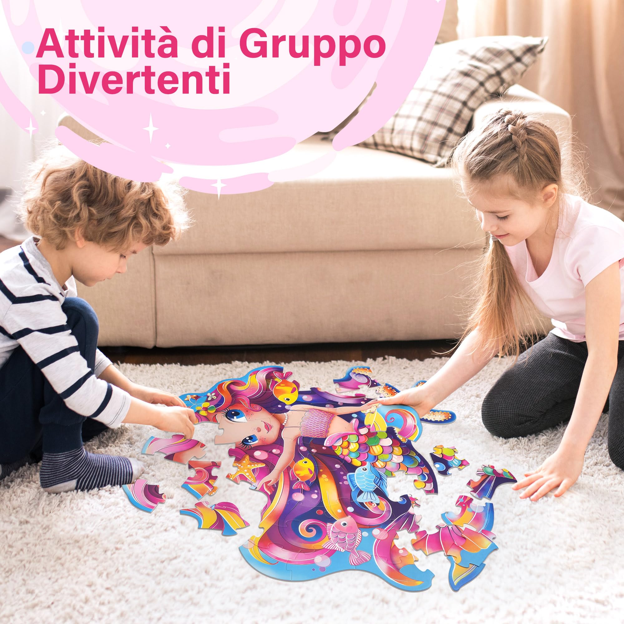 Puzzle Bambini 4 Anni XXL Sirene 52 Pezzi 66 x 70 cm Giochi Educativi 3-8 anni