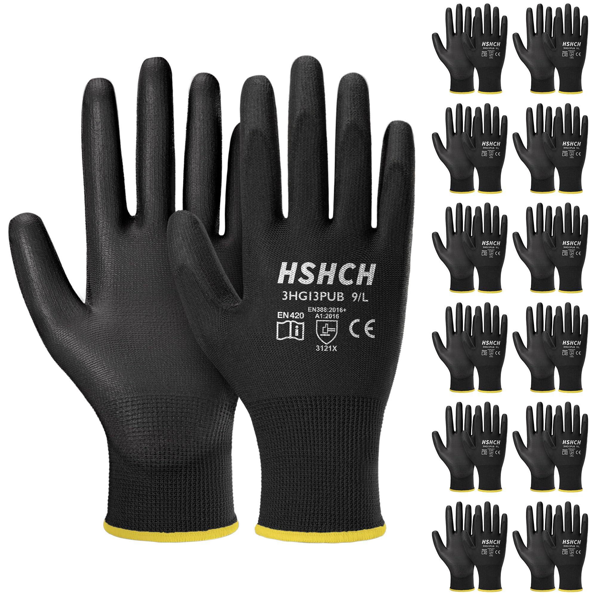 HSHCH Work Gloves for Men and Women 12 Pairs, PU Coated Safety Gloves with Grip, Ideal for General Duty, Warehouse, Auto, DIY