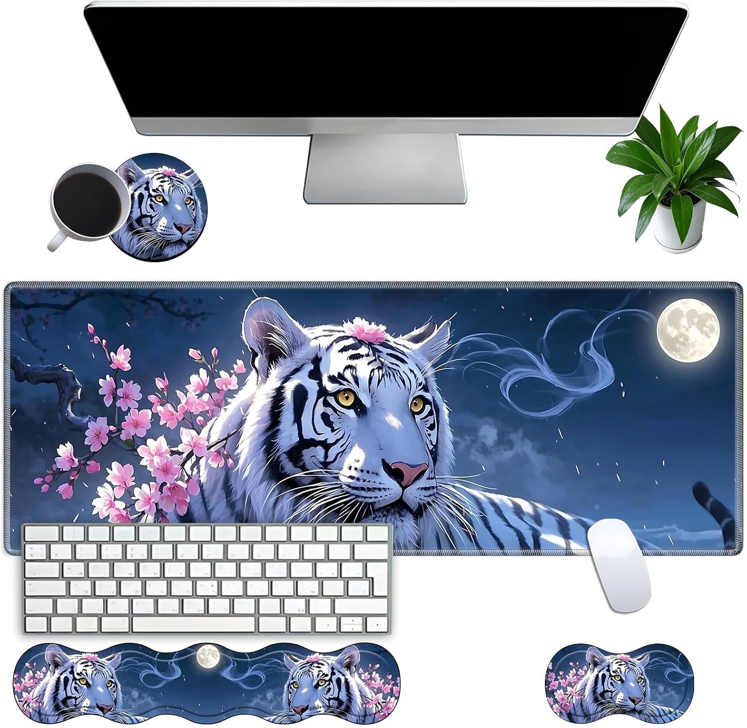 Large Gaming Mouse Pad Set with Wrist Support – 31.5" x 11.8" 4-in-1 XXL Mousepad with Keyboard Wrist Rest, Mouse Wrist Rest & Coaster – Ergonomic Desk Mat for Office, Home – White Tiger Flower