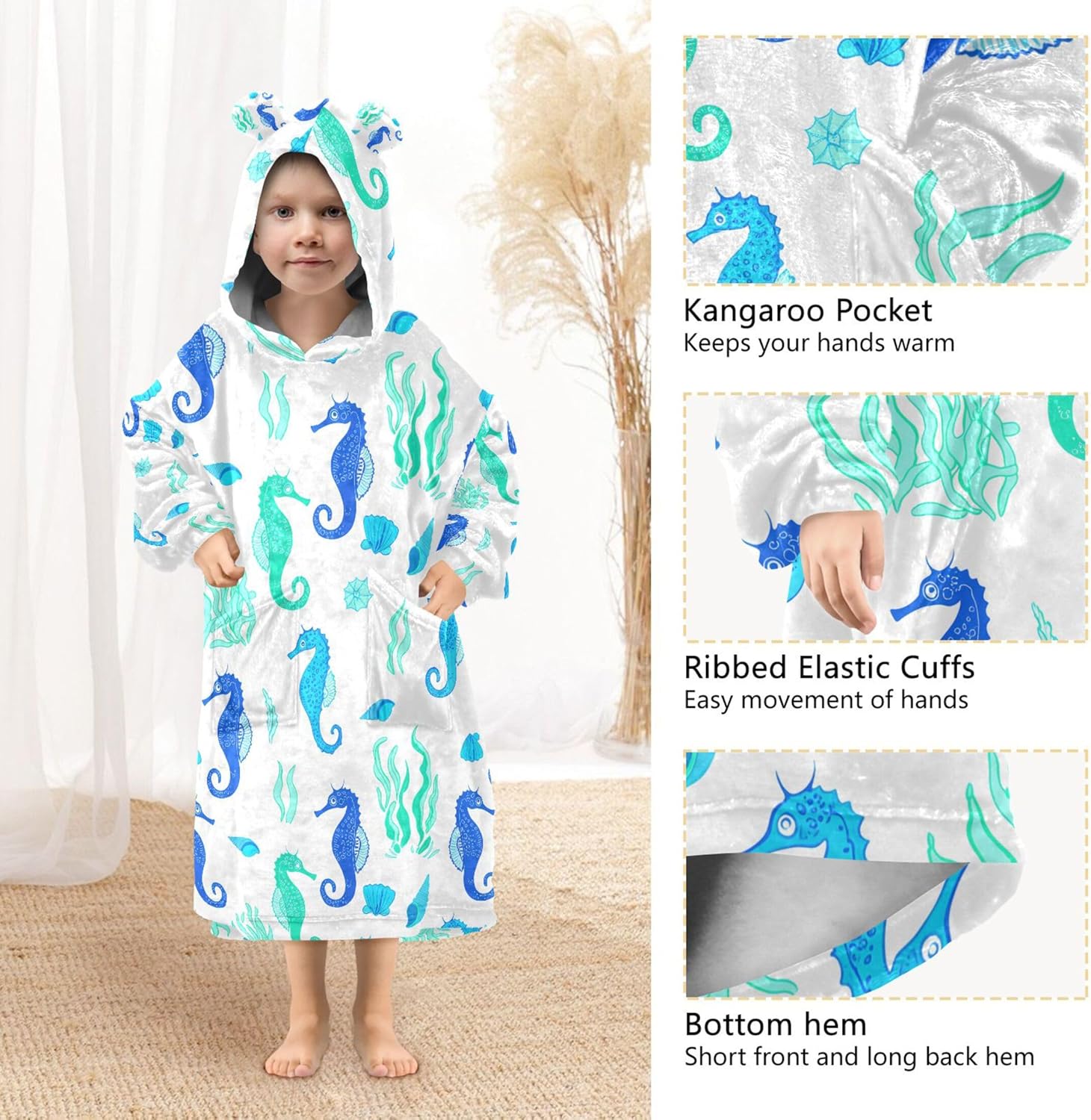 Seahorse Shell Kids Wearable Blanket Hoodie with Pocket and Sleeves for Toddlers, Cute Hoodies 3-14 Year Girls Boys