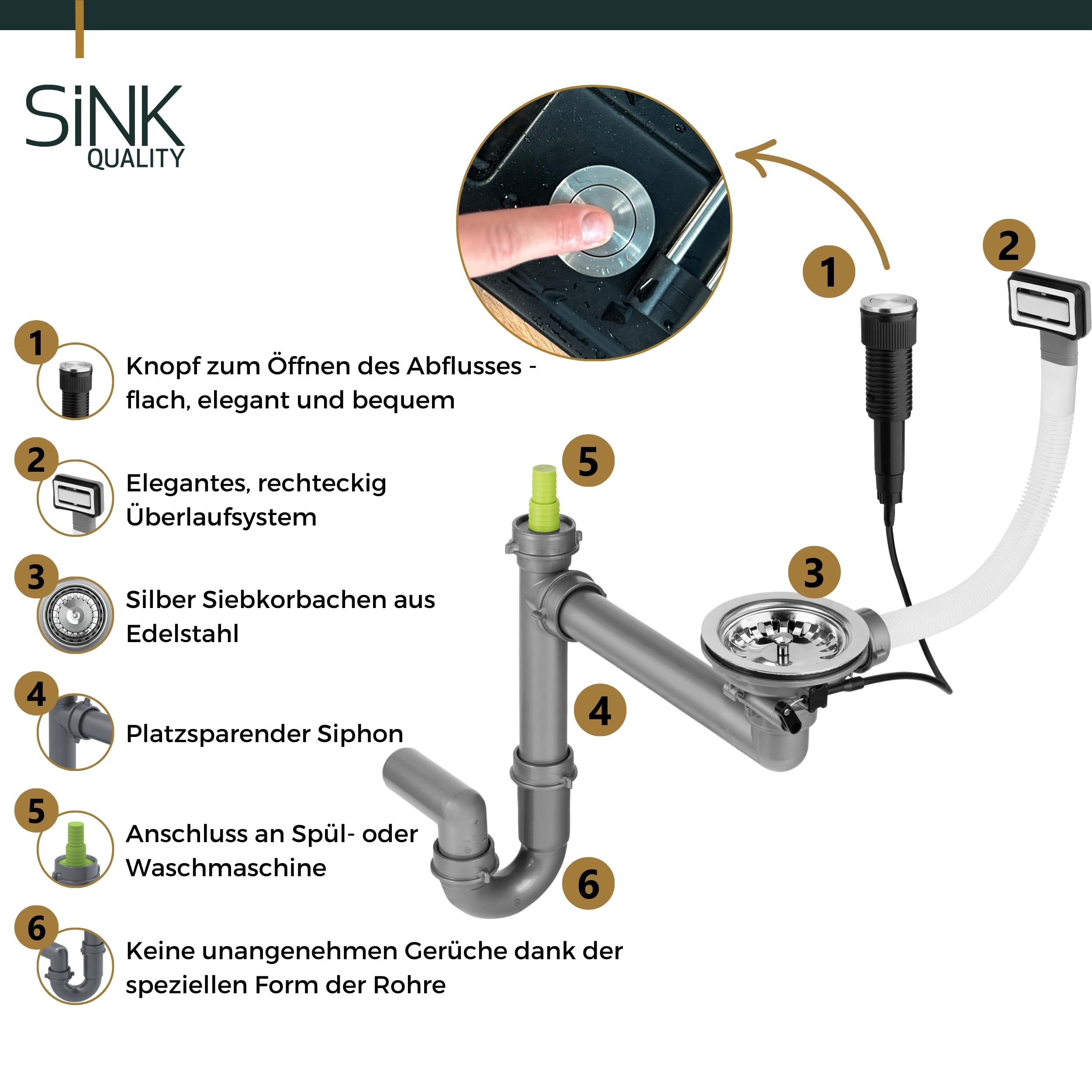 SINK Quality zlewozmywak beżowy z armaturą zestaw 62 x 46 – zlewozmywak z kranem, syfon, push, ociekacz, środek impregnujący – kompletny zestaw do szafki pod umywalkę 55